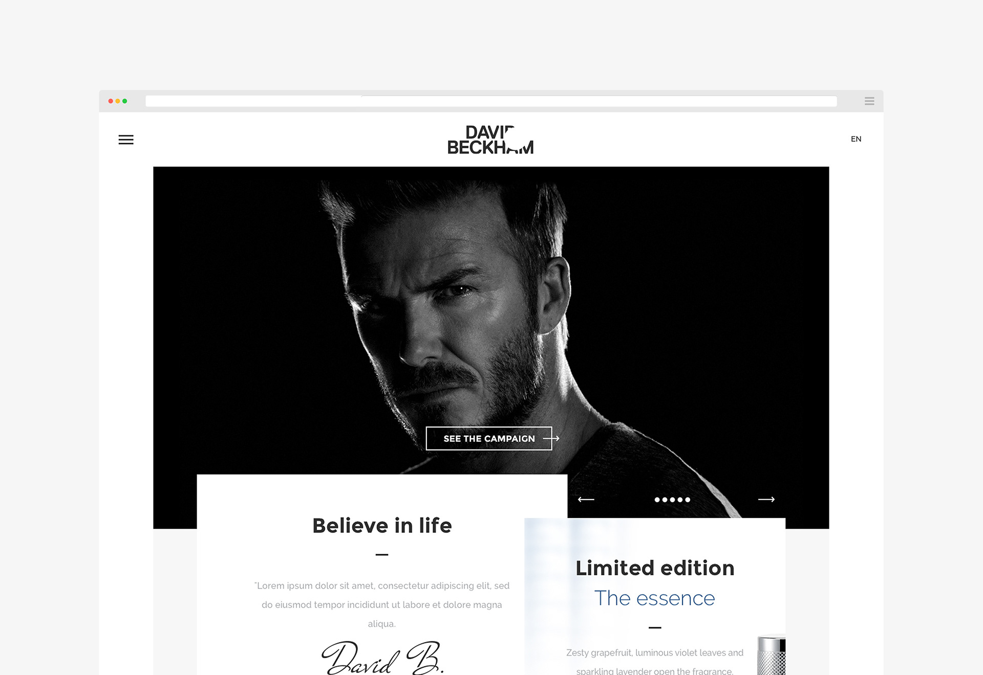 David Beckham / Client: Coty w/ Agence Downtown / Art Direction, User Interface, Responsive & Mobile