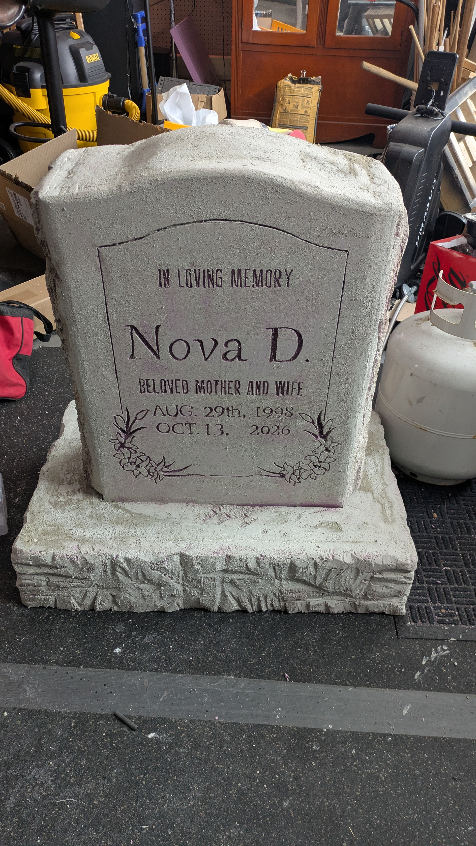prop grave WIP, cement, wood glue, and latex paint coating over XPS foam