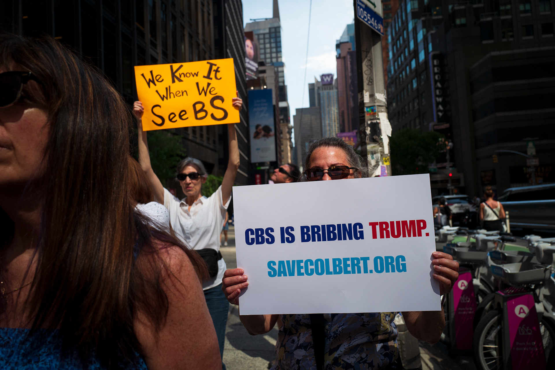 July 24th, 2025 Times Square, NYC NY. Save Colbert Action