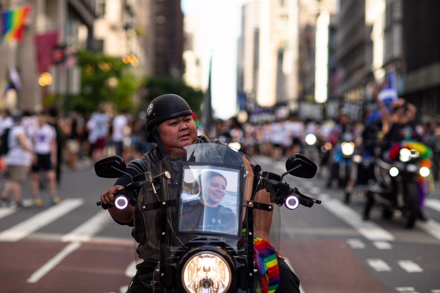 NY Public Library, 5th Avenue, NYC. A group of motorcycle riders clear the road for, and lead the Dyke March to Washington Square Park.