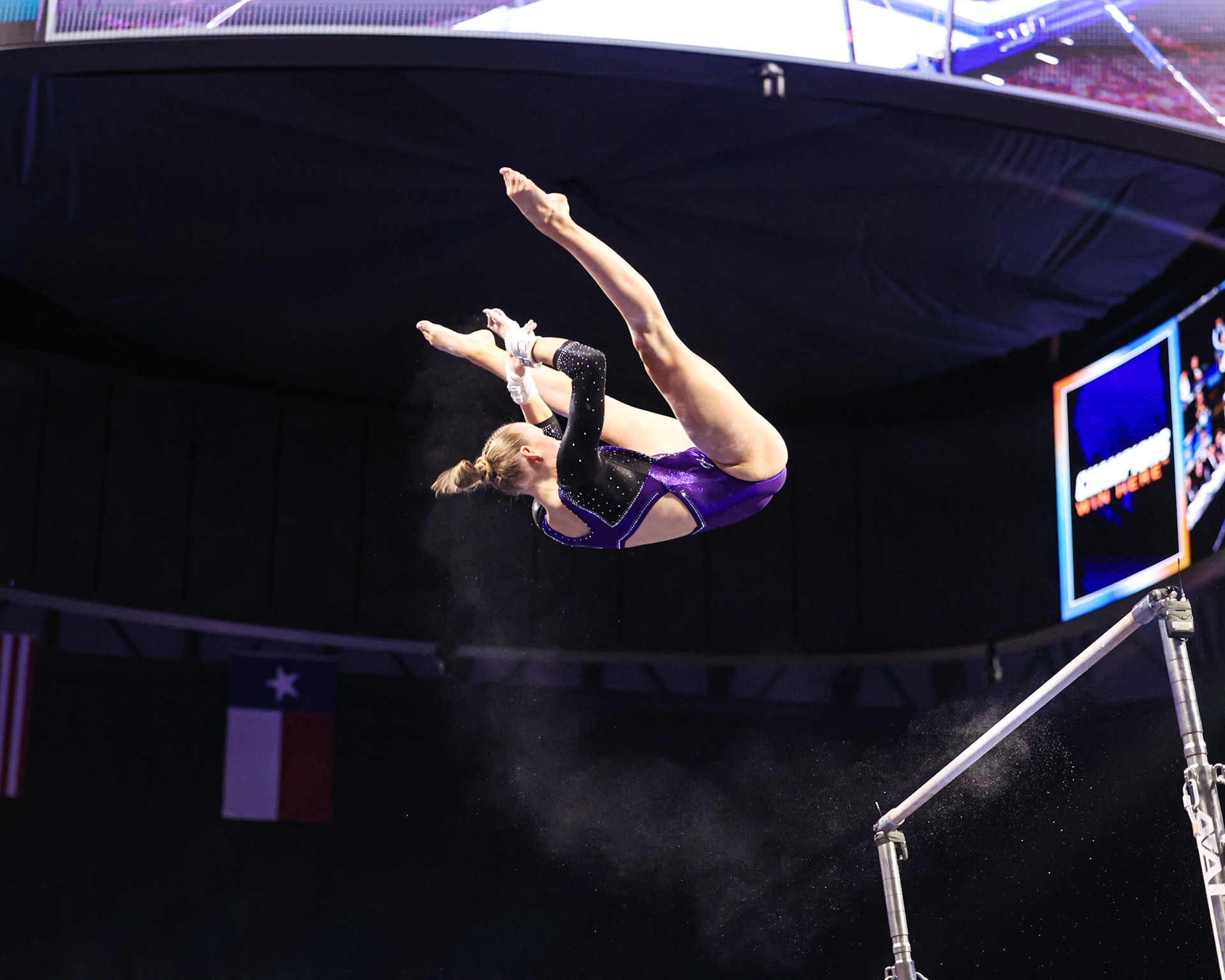 during the Gators' meet against the Sooners, Tigers, and Crimson Tide at the Nationals semi-final on Thursday, April 17, 2025 at Dickie's Arena in Fort Worth, TX / UAA Communications photo by Morgan Hurd