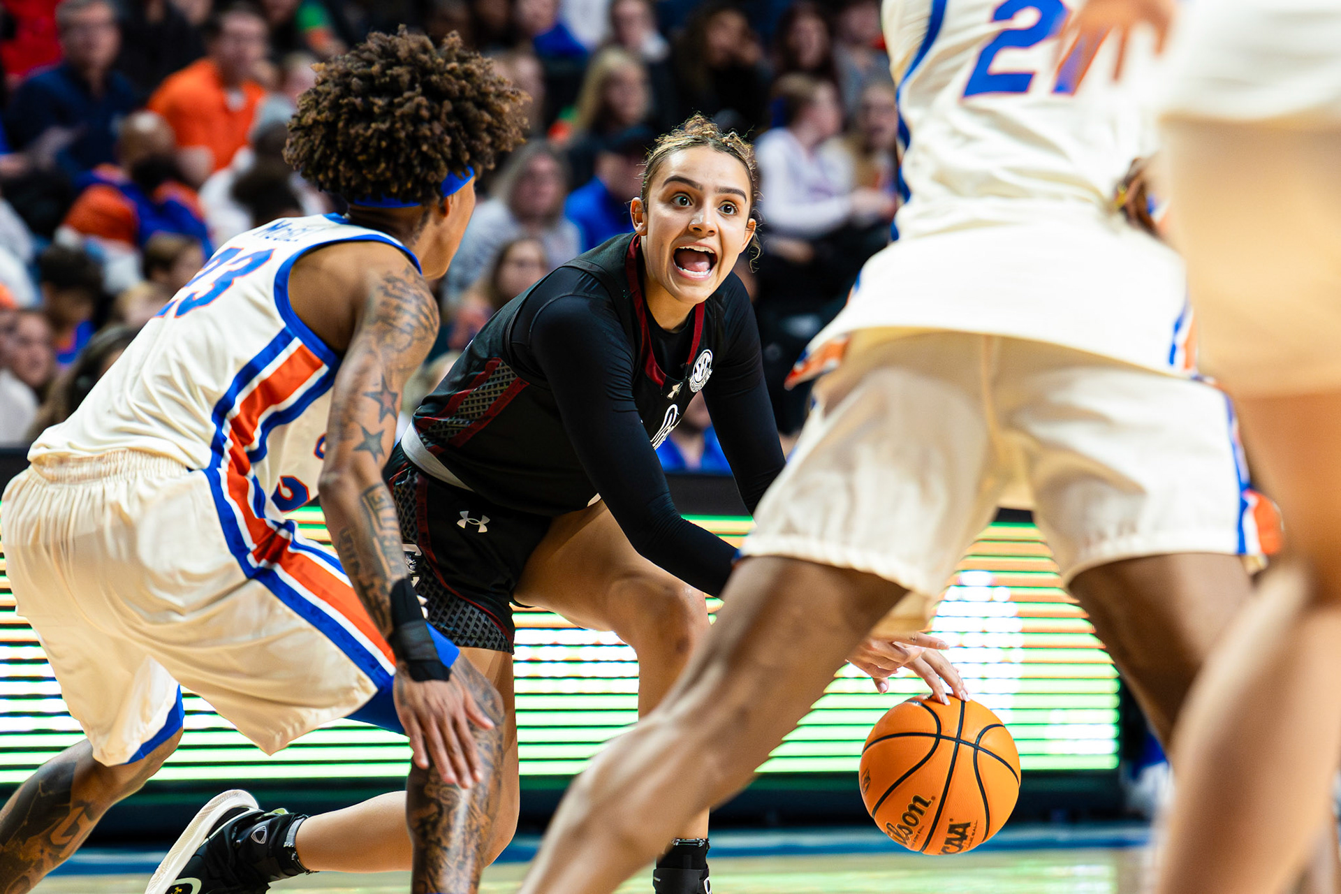 South Carolina guard Tessa Johnson shouts to her team as they go against Florida during the first half of an NCAA college basketball game  Sunday, Jan. 4, 2026, in Gainesville, Fla. (AP Photo/Morgan Hurd)