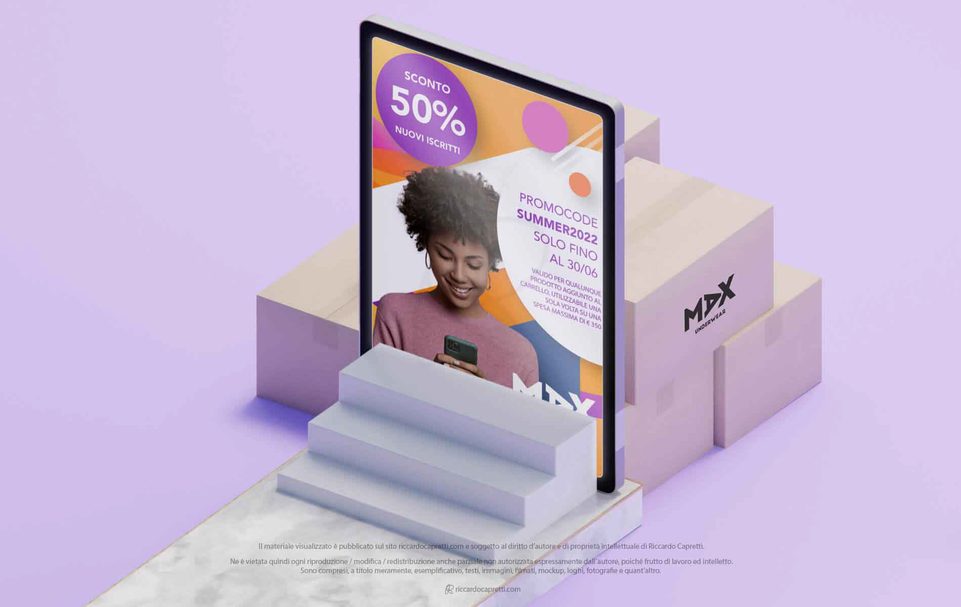 donna con tecnologia, pubblicità di un ecommerce e grafica di Riccardo Capretti