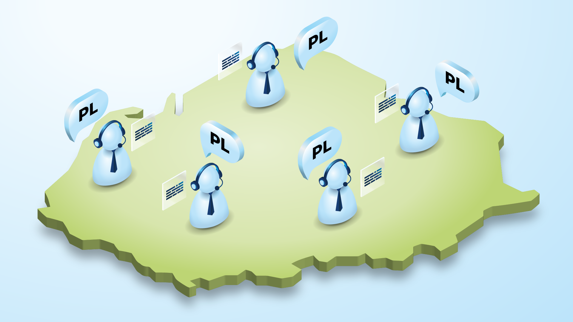 mapa Polski i ikonki 3D serwerów, ilustracja w aksonometrii