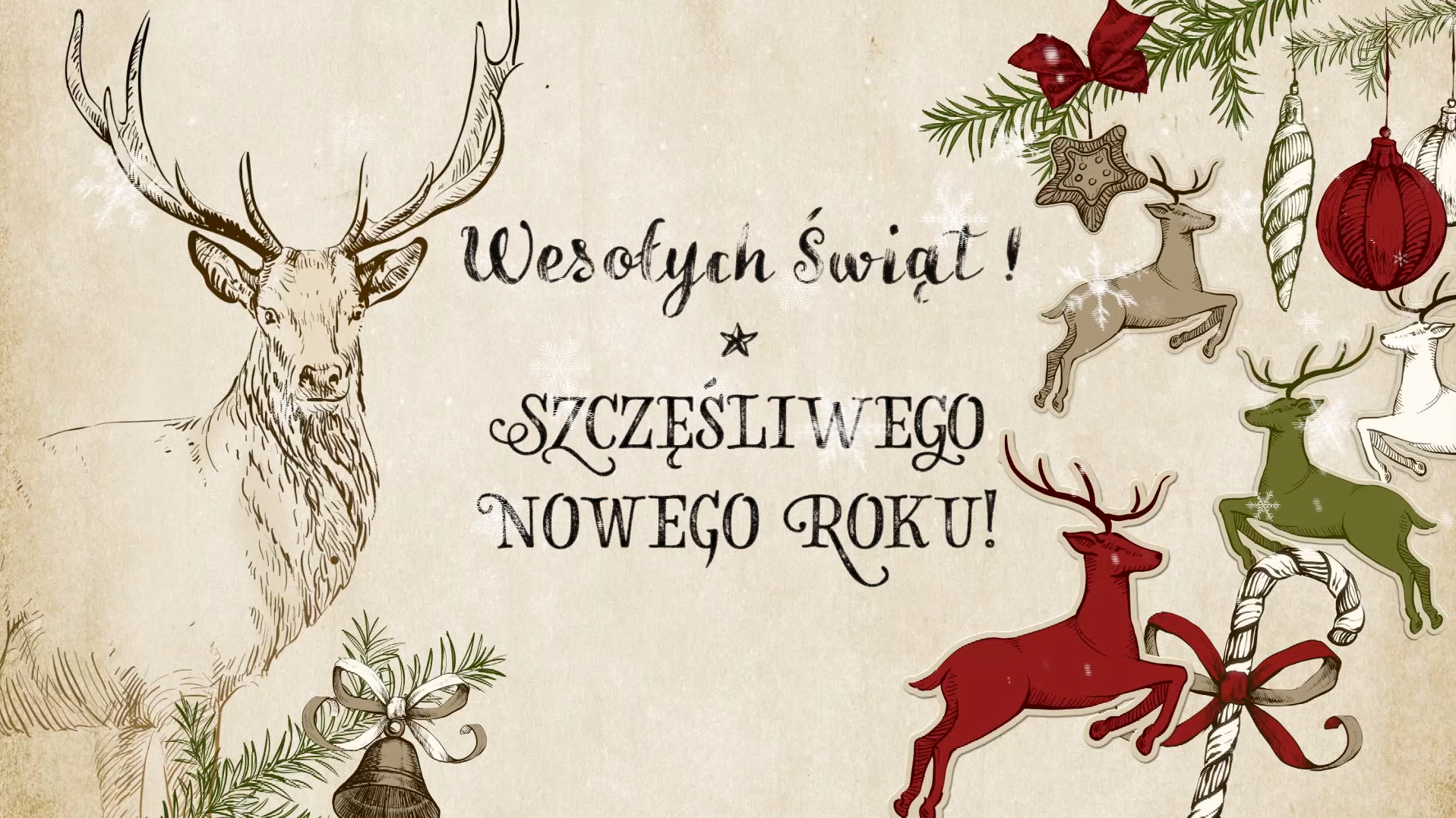 życzenia świąteczne, ilustracje, jelonki, bombki na choince