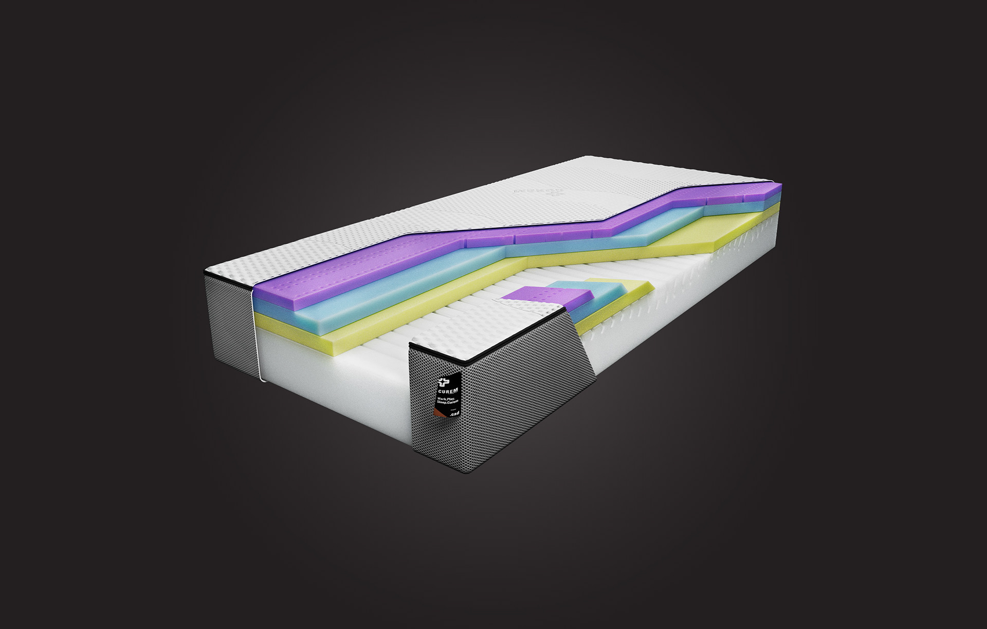 3D visualization of the Cad mattress product by Curem, horizontal view
