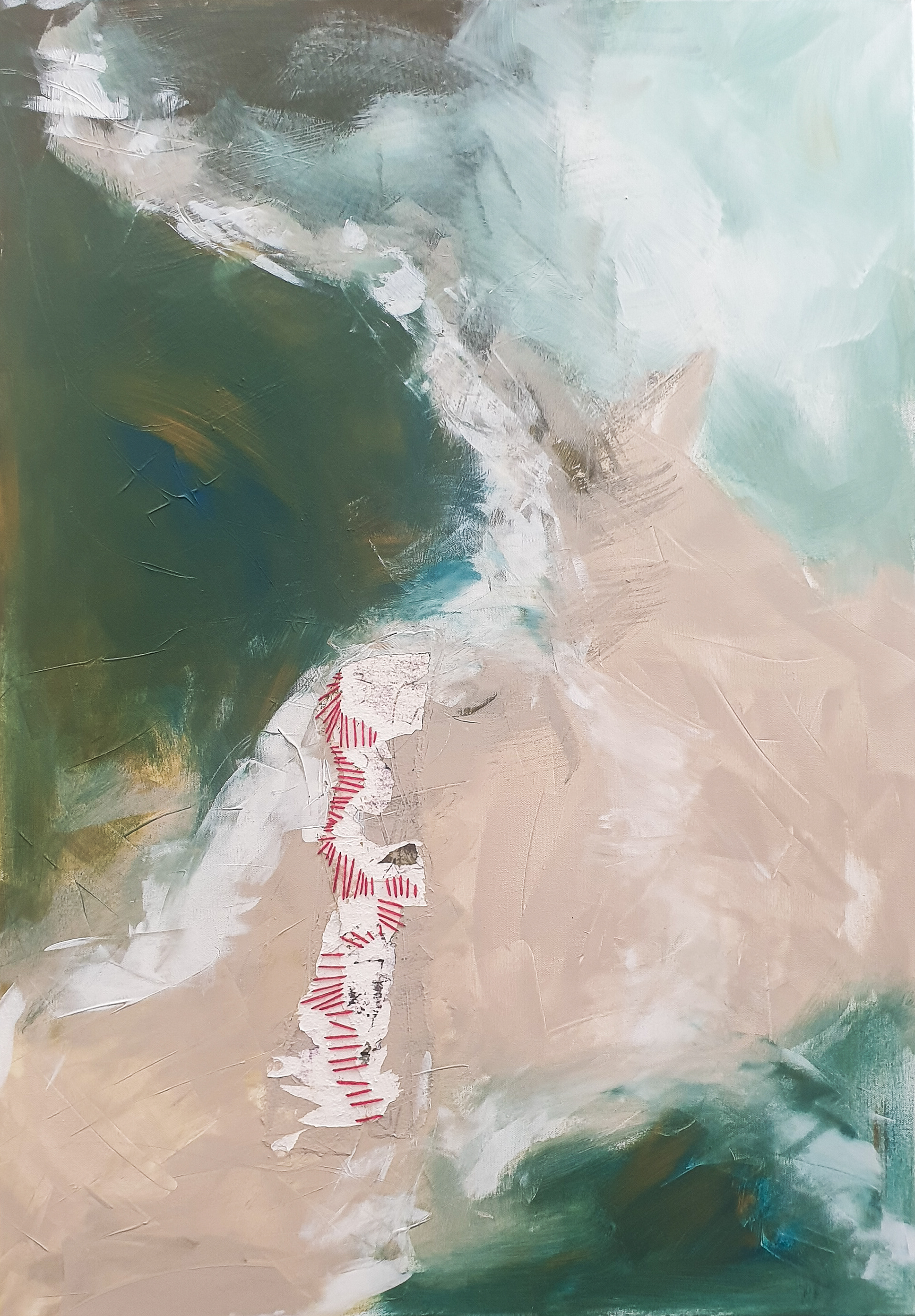 Acrylique sur toile et couture de coton rouge (VENDU)