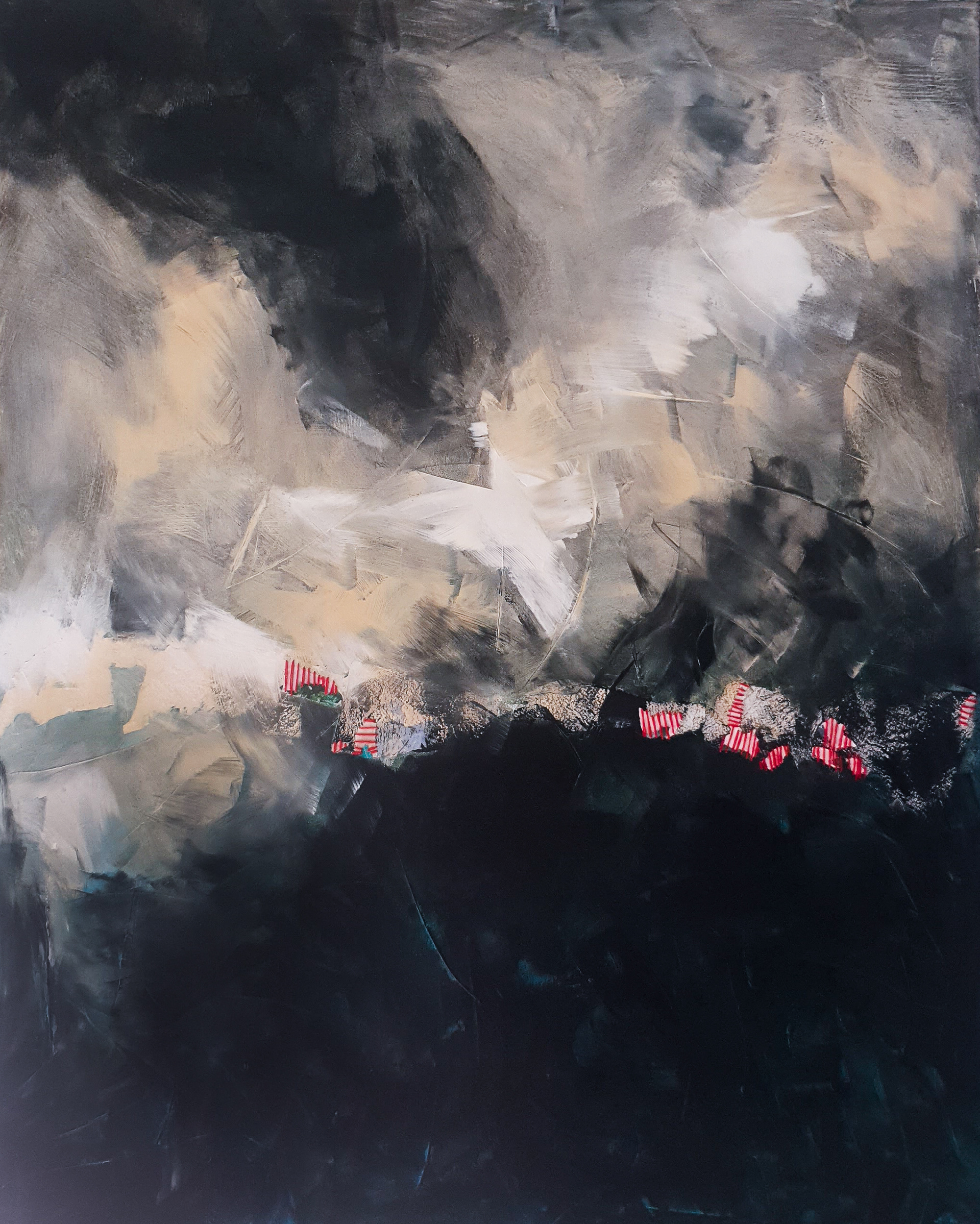Acrylique sur toile et couture de coton rouge (VENDU)