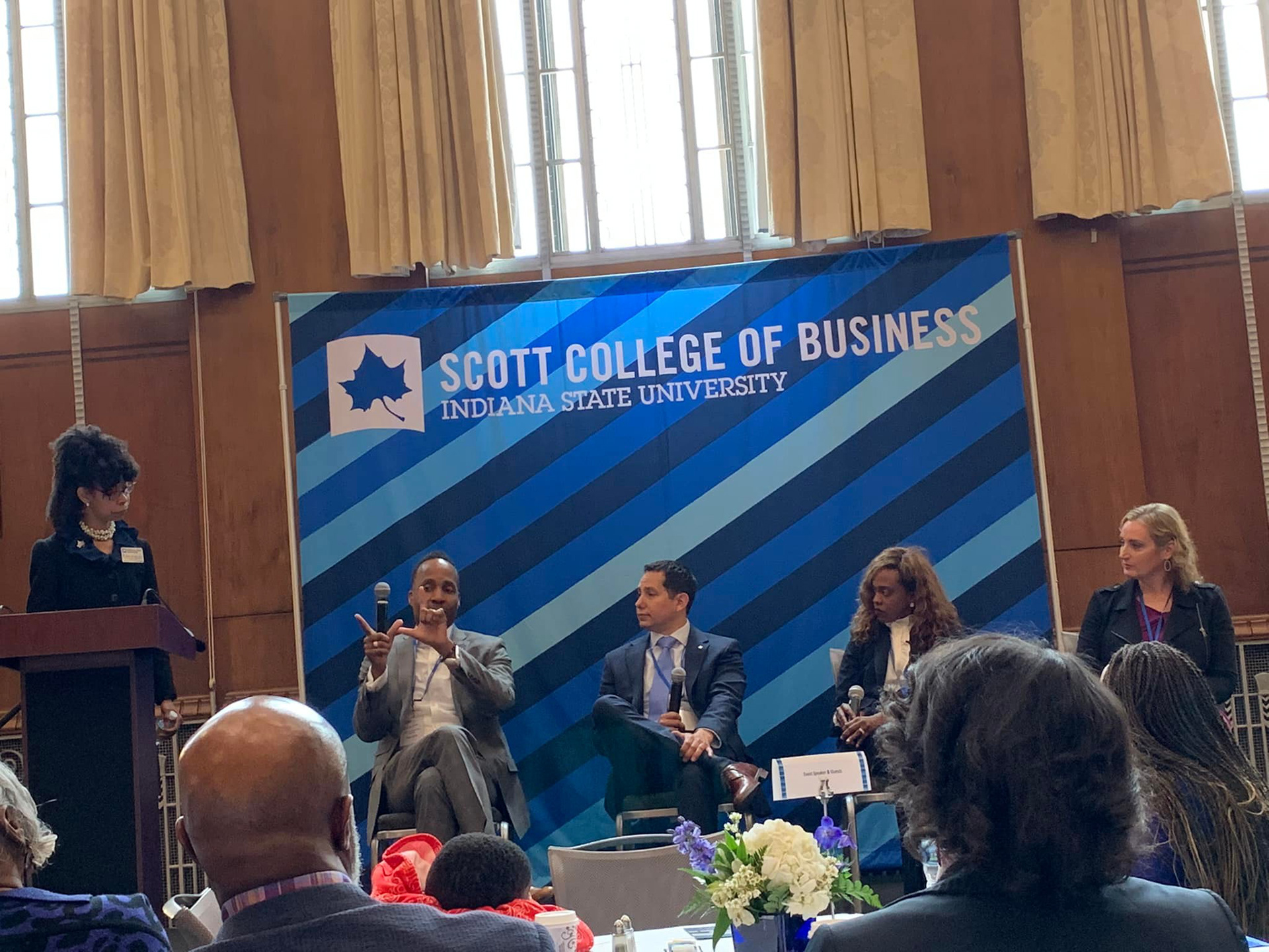 Discussion panel: Dr. Rana Johnson, Steve Canty, Brian Jimenez, Candace Nortey, and Maureen Biehl