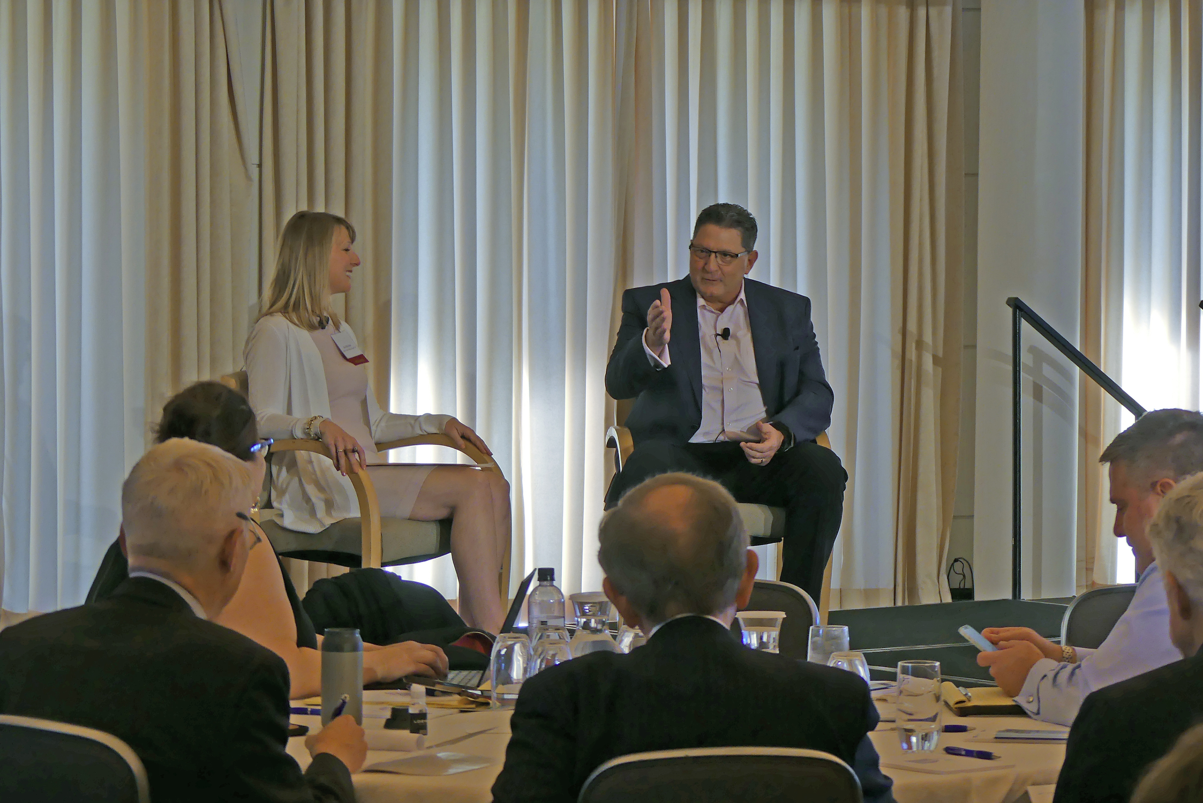 Sara Manske, Partner, Faegre Drinker talking to Tom Sullivan, Senior Associate Director, Federal Reserve Board
