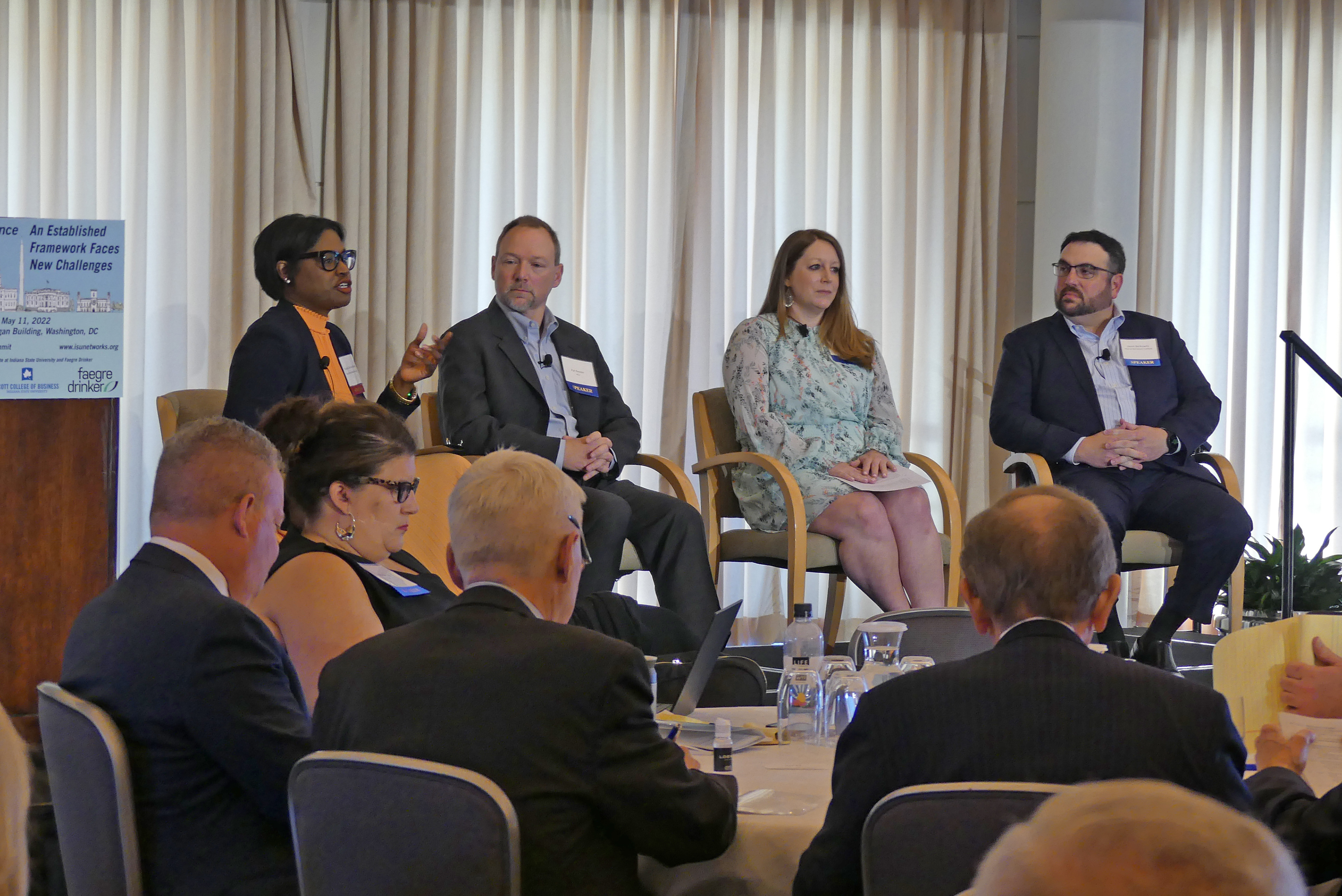 Shaunda Patterson-Strachan, Partner, Faegre Drinker talking to Pat Reeder, Deputy General Counsel, American Council of Life Insurers (ACLI); Melissa Bova, Vice President of State Affairs, Finseca; and Jason Berkowitz, Chief Legal & Regulatory Affairs Officer, Insured Retirement Institute (IRI)