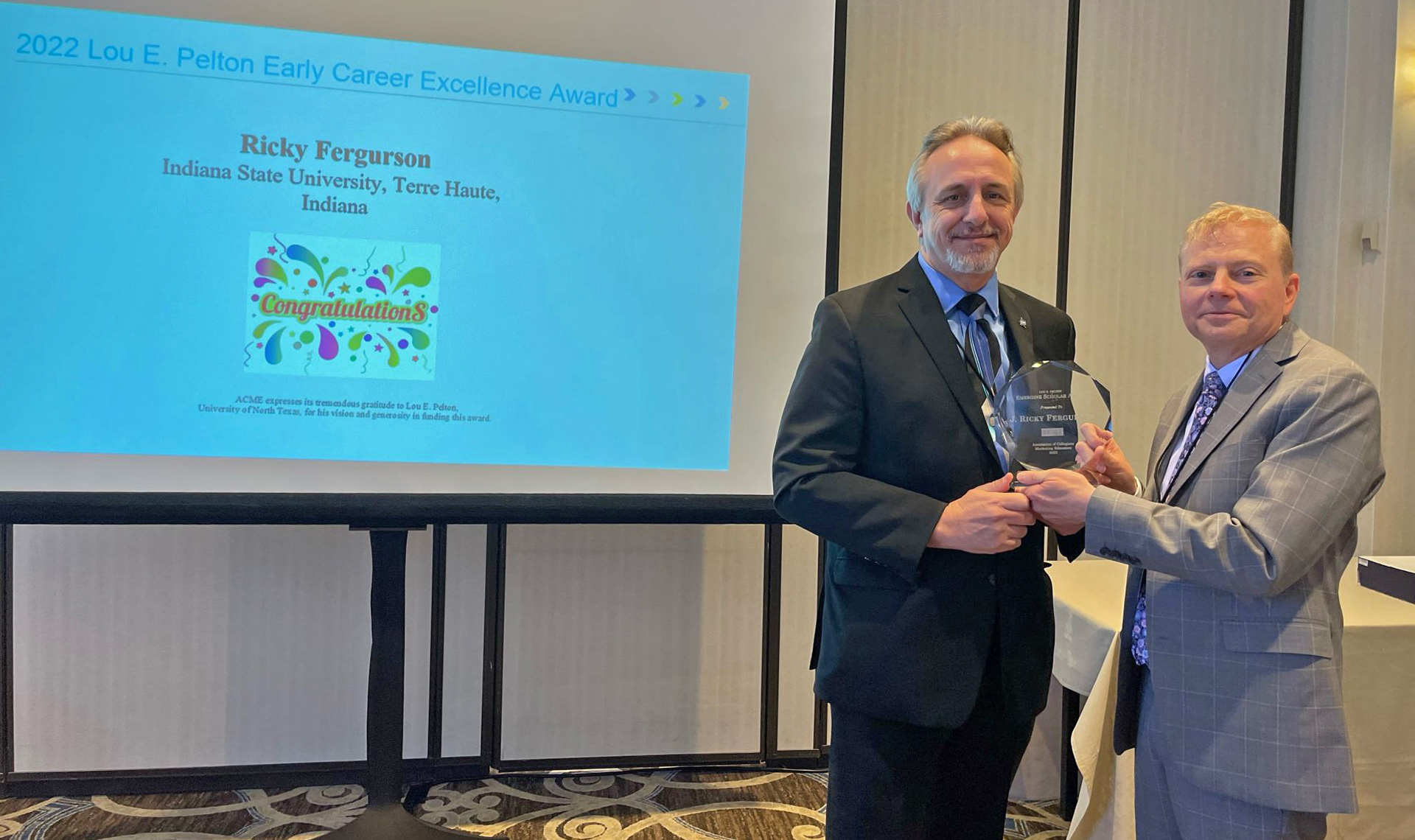 Dr. Ricky Fergurson on being awarded the 2022 Lou E. Pelton Early Career Excellence Award at the Association of Collegiate Marketing Educators Conference on March 14, 2022.