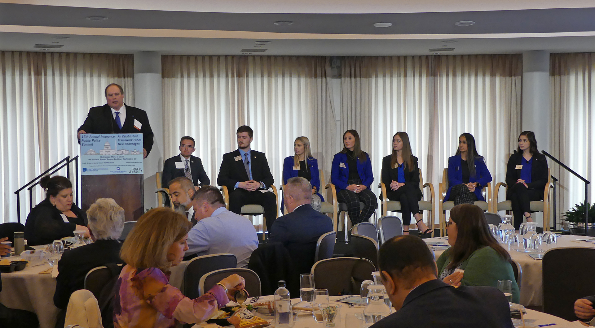 Terry Daugherty, Dean, Scott College of Business with students Sam Bowen, Luke Summerlot, Julia Sonntag, Hailey Tonsor, Audra Doedtman, Jillian Turner, and Grace Longyear