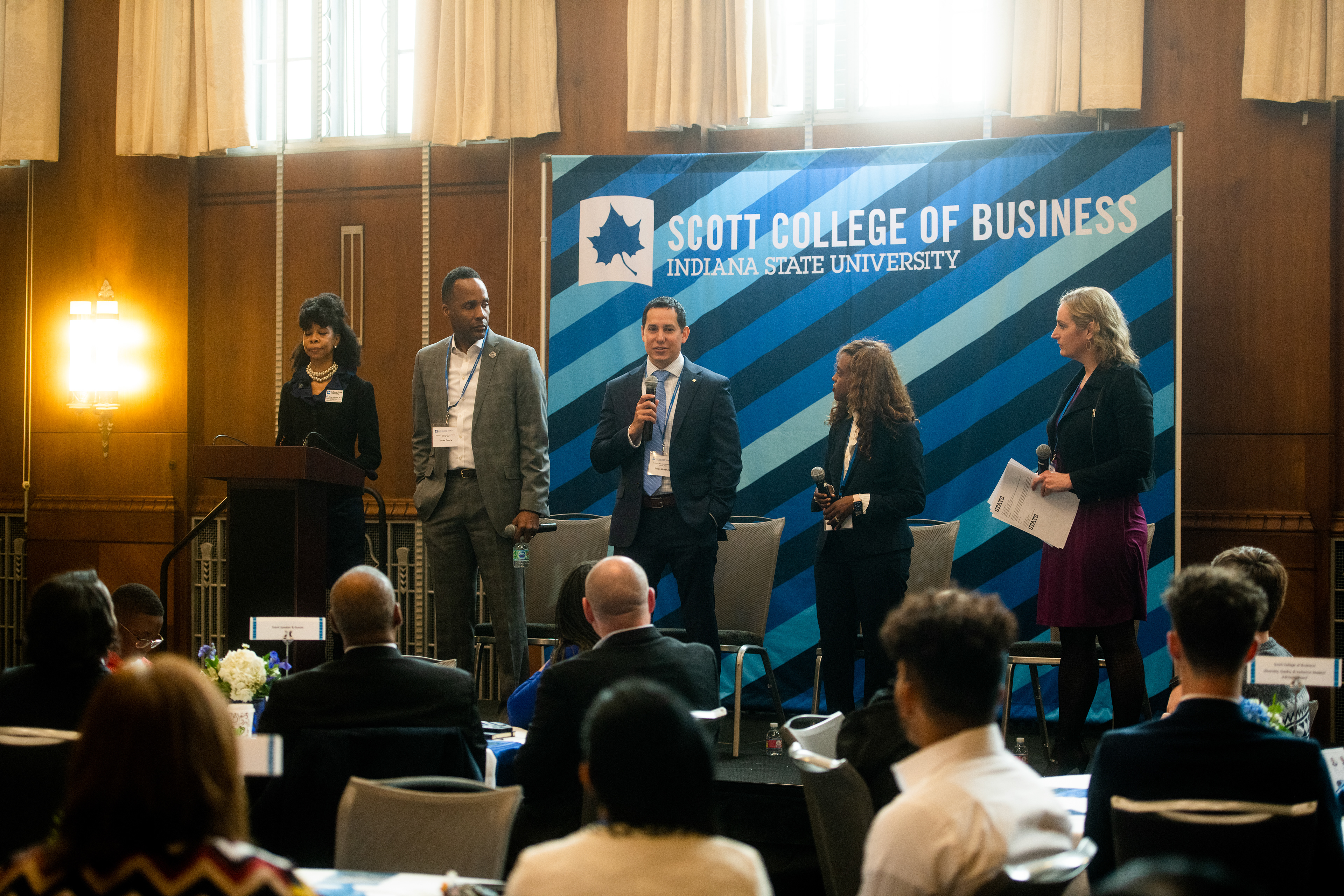 Discussion panel: Dr. Rana Johnson, Steve Canty, Brian Jimenez, Candace Nortey, and Maureen Biehl