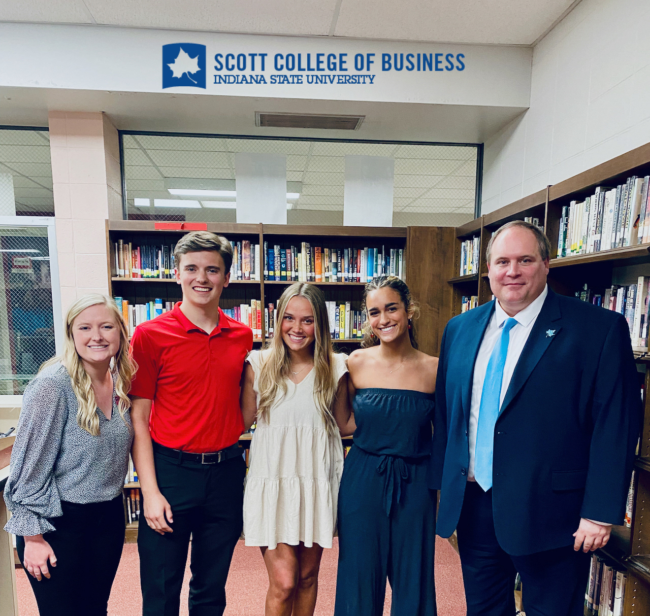 Madison Marshall with SVHS students Theron Strong and Landrie Flack, SCOB student Jillian Turner, and Dean Terry Daugherty. Madison and Jillian are alumnae of SVHS. Theron and Landrie are joining the college in Fall 2022.