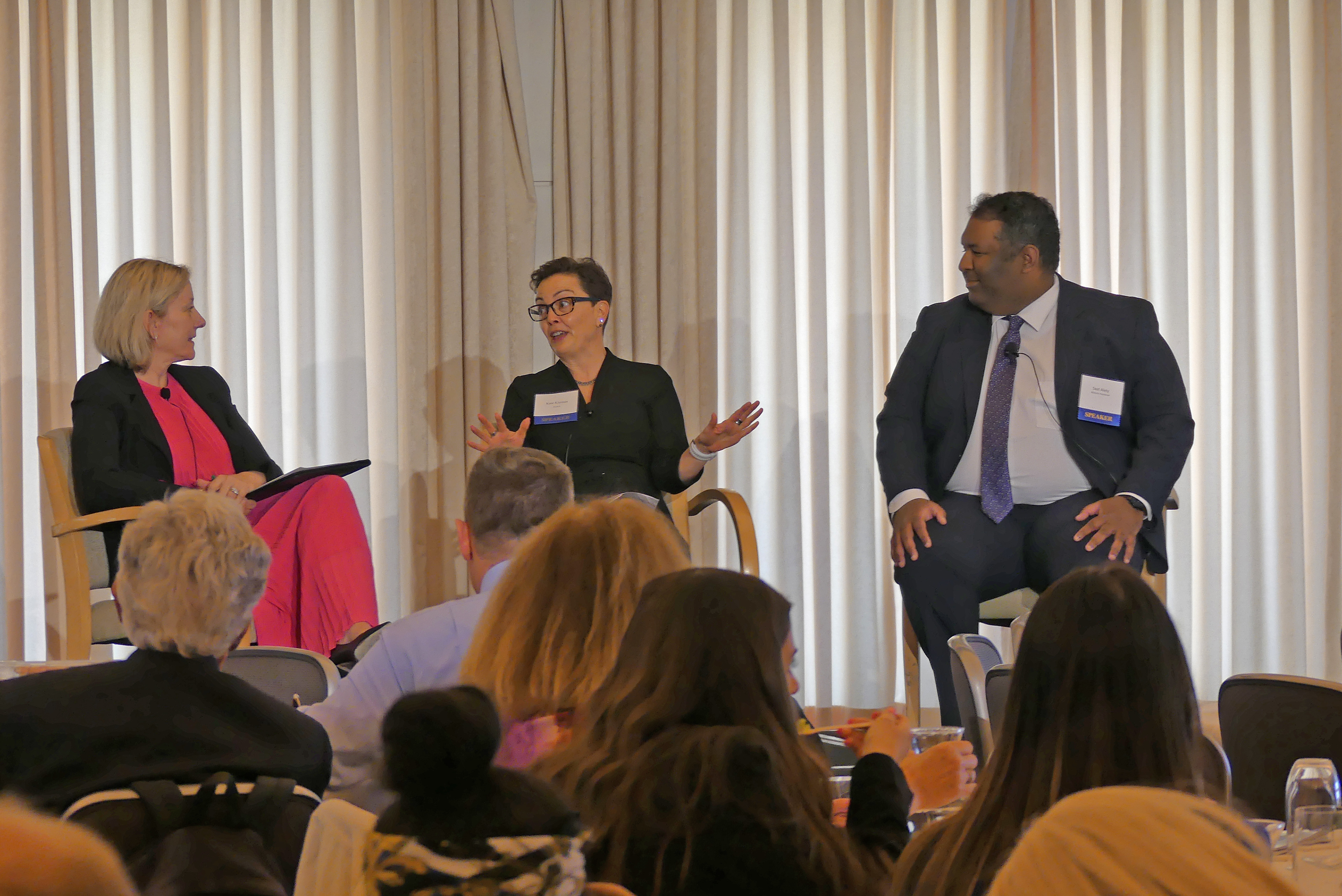 Tracey Laws, Senior Vice President, Head of Government Affairs, Athene talking with Kate Kiernan, Vice President, Government & Regulatory Relations, Zurich North America; and Saat Alety, Director, Federal Affairs and Public Policy, Allstate