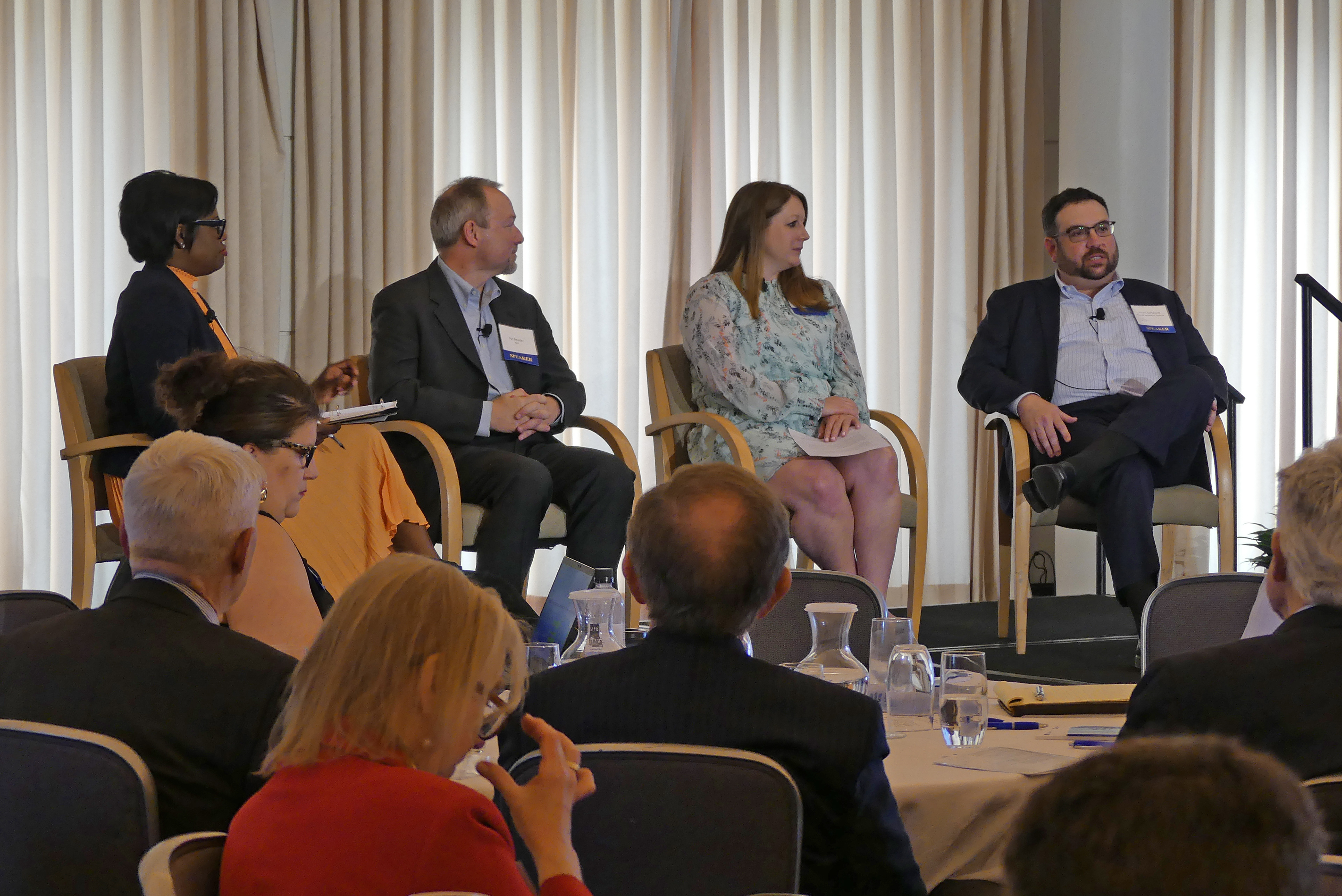 Shaunda Patterson-Strachan, Partner, Faegre Drinker talking to Pat Reeder, Deputy General Counsel, American Council of Life Insurers (ACLI); Melissa Bova, Vice President of State Affairs, Finseca; and Jason Berkowitz, Chief Legal & Regulatory Affairs Officer, Insured Retirement Institute (IRI)
