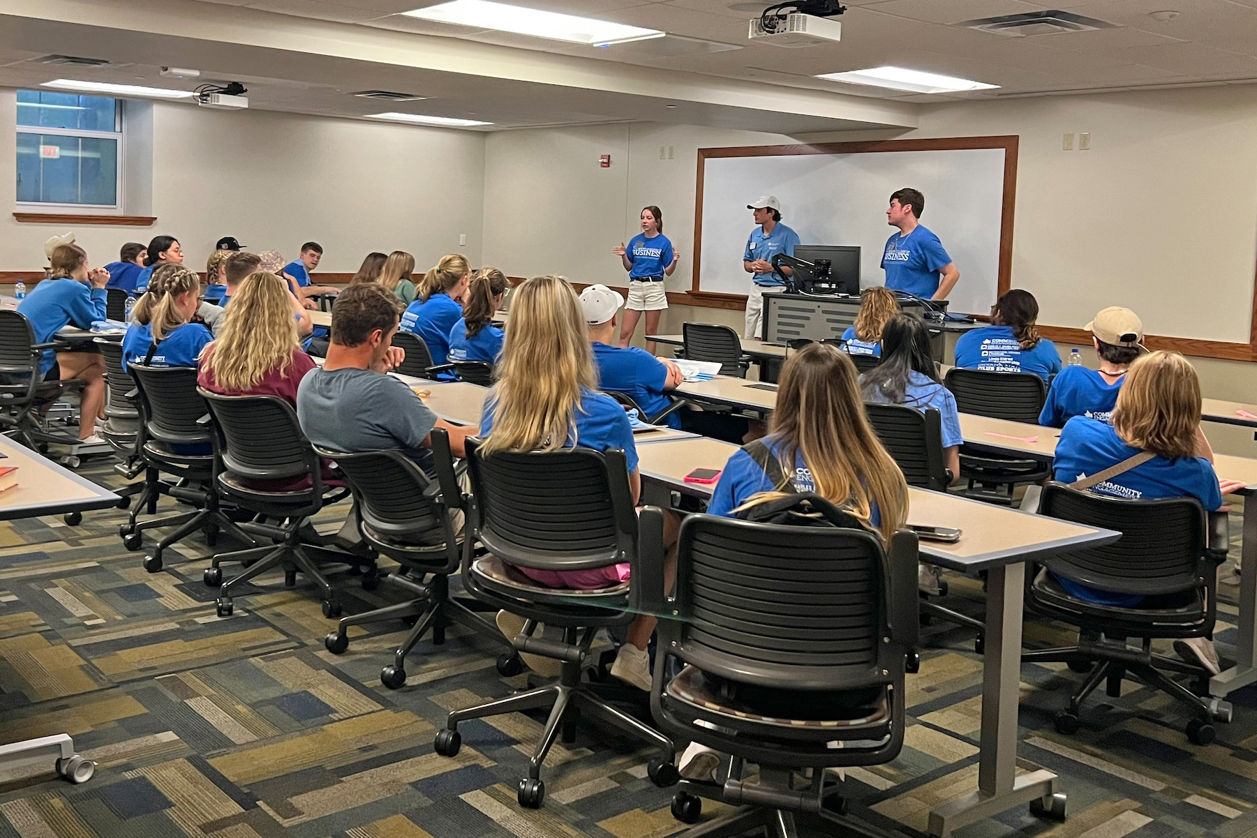 Peer mentors Quincee Musselman (Marketing), Kyle Koch – (Finance & Financial Services) & Brock Bolinger – (Accounting & Marketing) addressing students at the My Major My Career event.