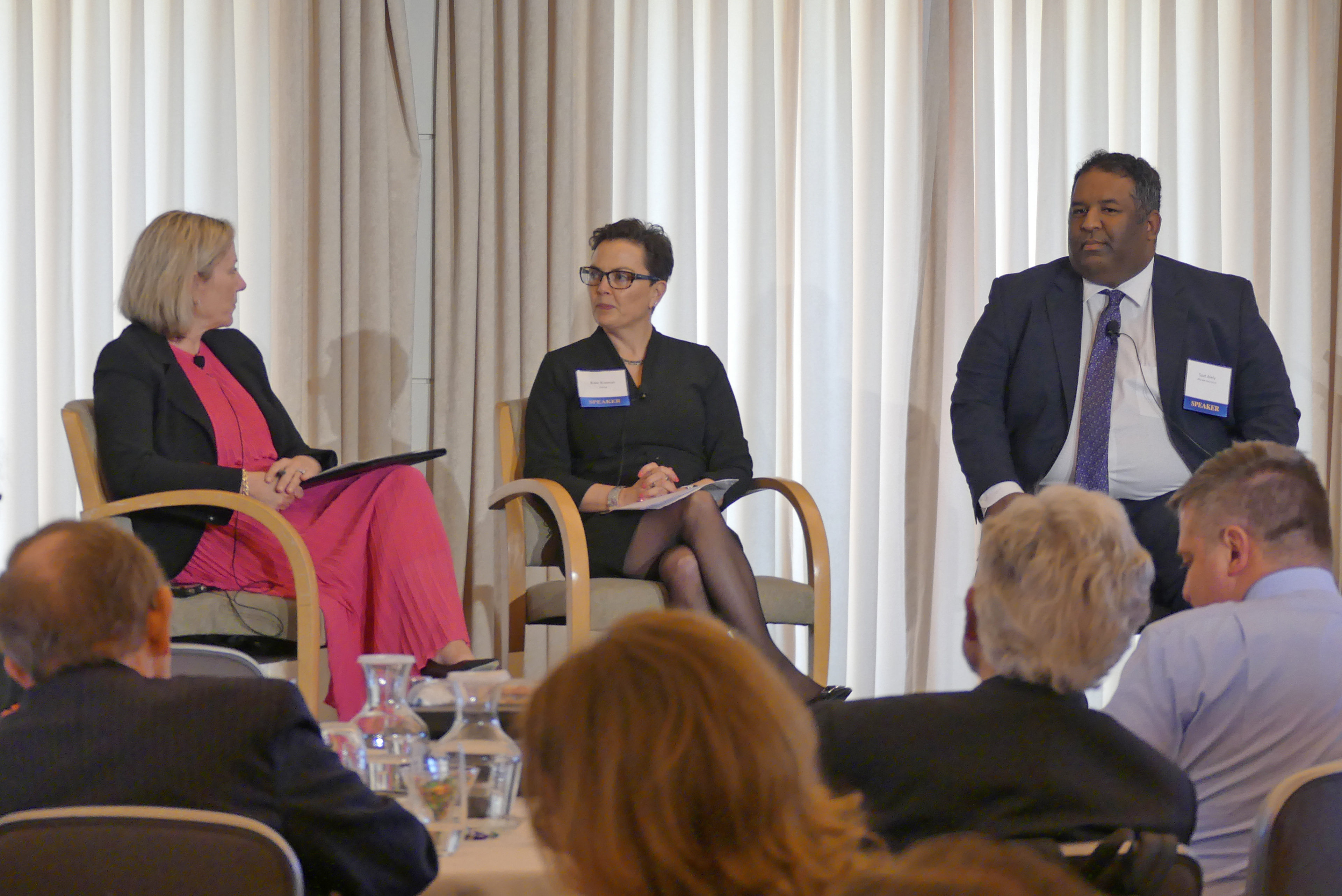 Tracey Laws, Senior Vice President, Head of Government Affairs, Athene talking with Kate Kiernan, Vice President, Government & Regulatory Relations, Zurich North America; and Saat Alety, Director, Federal Affairs and Public Policy, Allstate