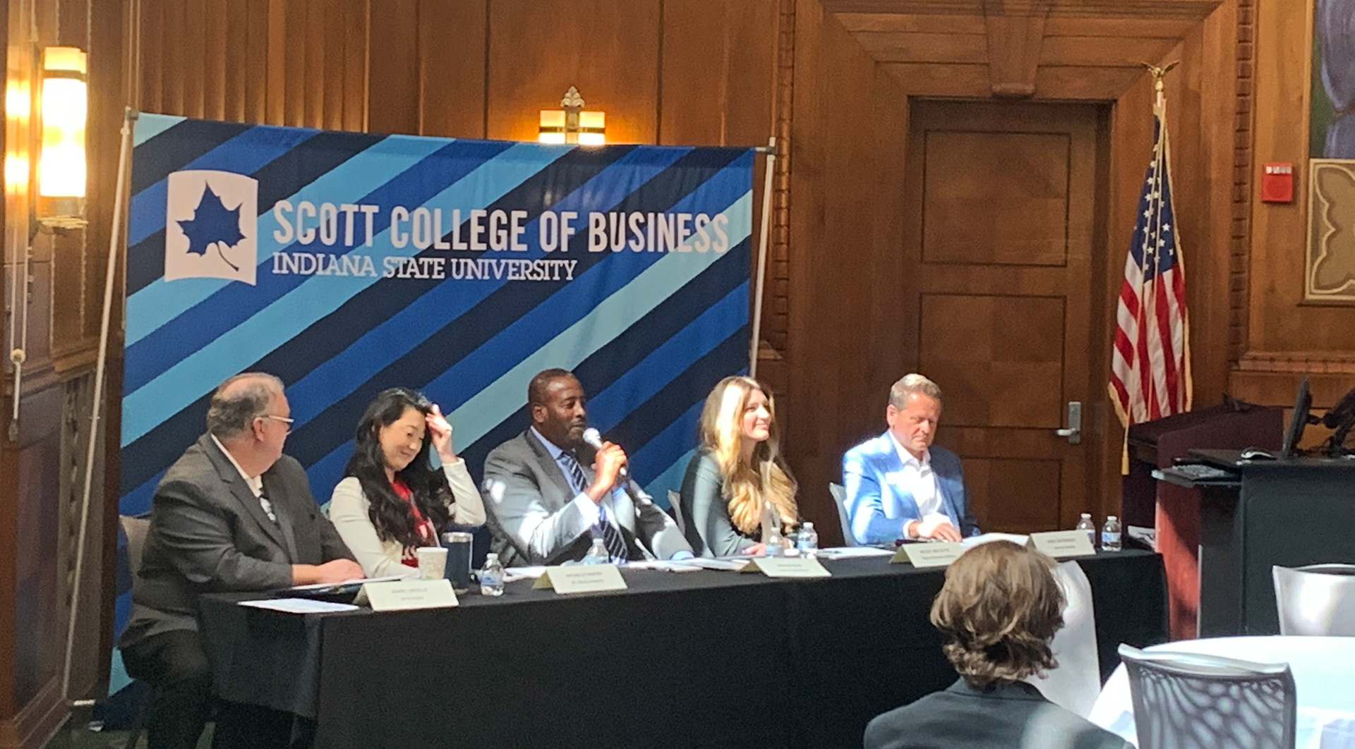 The panel discussion with Mark Linville, Rolls Royce; Michelle Harvey, Eli Lilly & Co.; George Ellis, Corteva Agriscience; Kelsey Van Scyoc, Toyota Material Handling; and Fred Cartwright, Conexus Indiana.