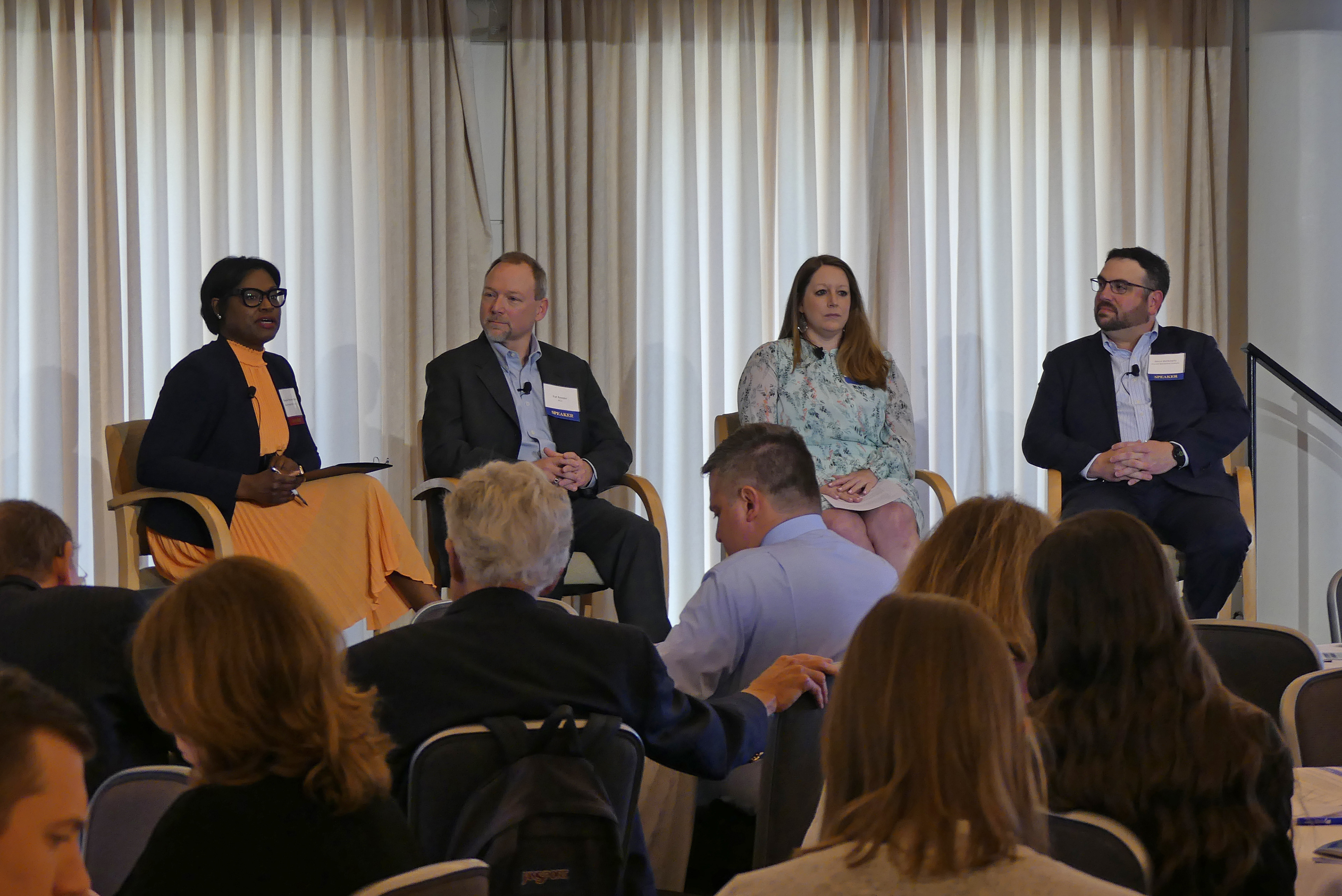 Shaunda Patterson-Strachan, Partner, Faegre Drinker talking to Pat Reeder, Deputy General Counsel, American Council of Life Insurers (ACLI); Melissa Bova, Vice President of State Affairs, Finseca; and Jason Berkowitz, Chief Legal & Regulatory Affairs Officer, Insured Retirement Institute (IRI)