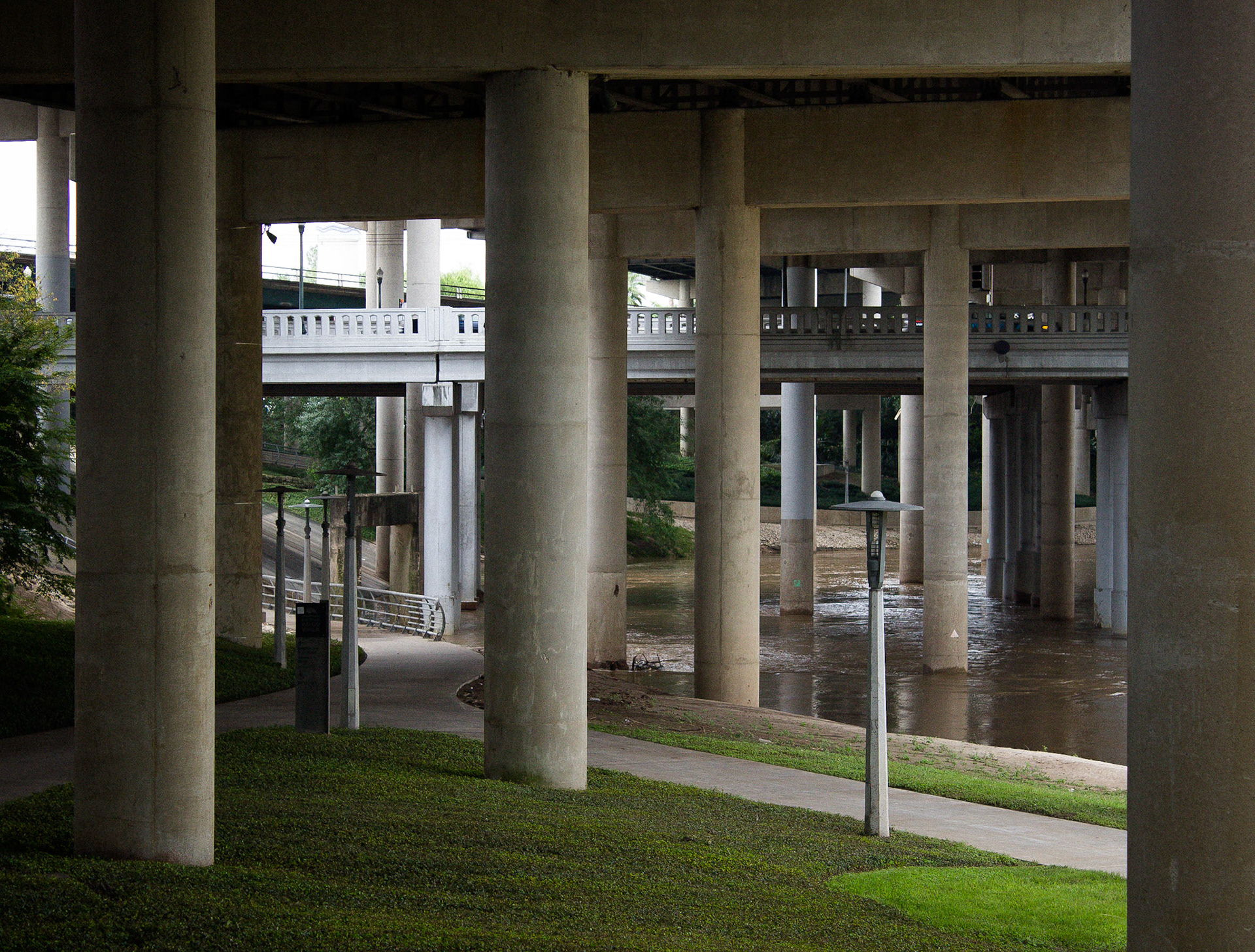 Buffalo Bayou Walk, a park under the highway in Houston, Texas