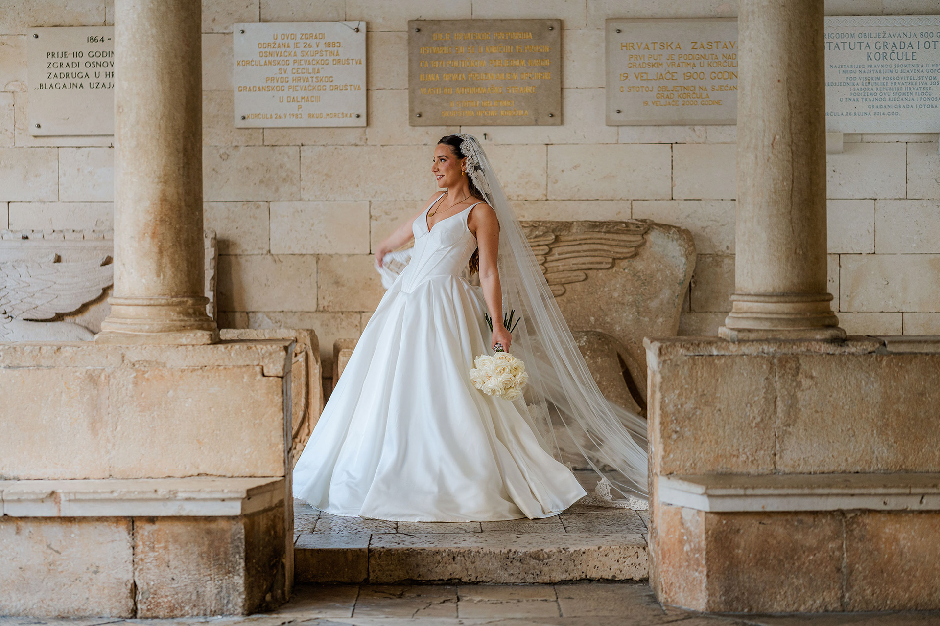 Bride portrait in Korčula old town with soft natural light