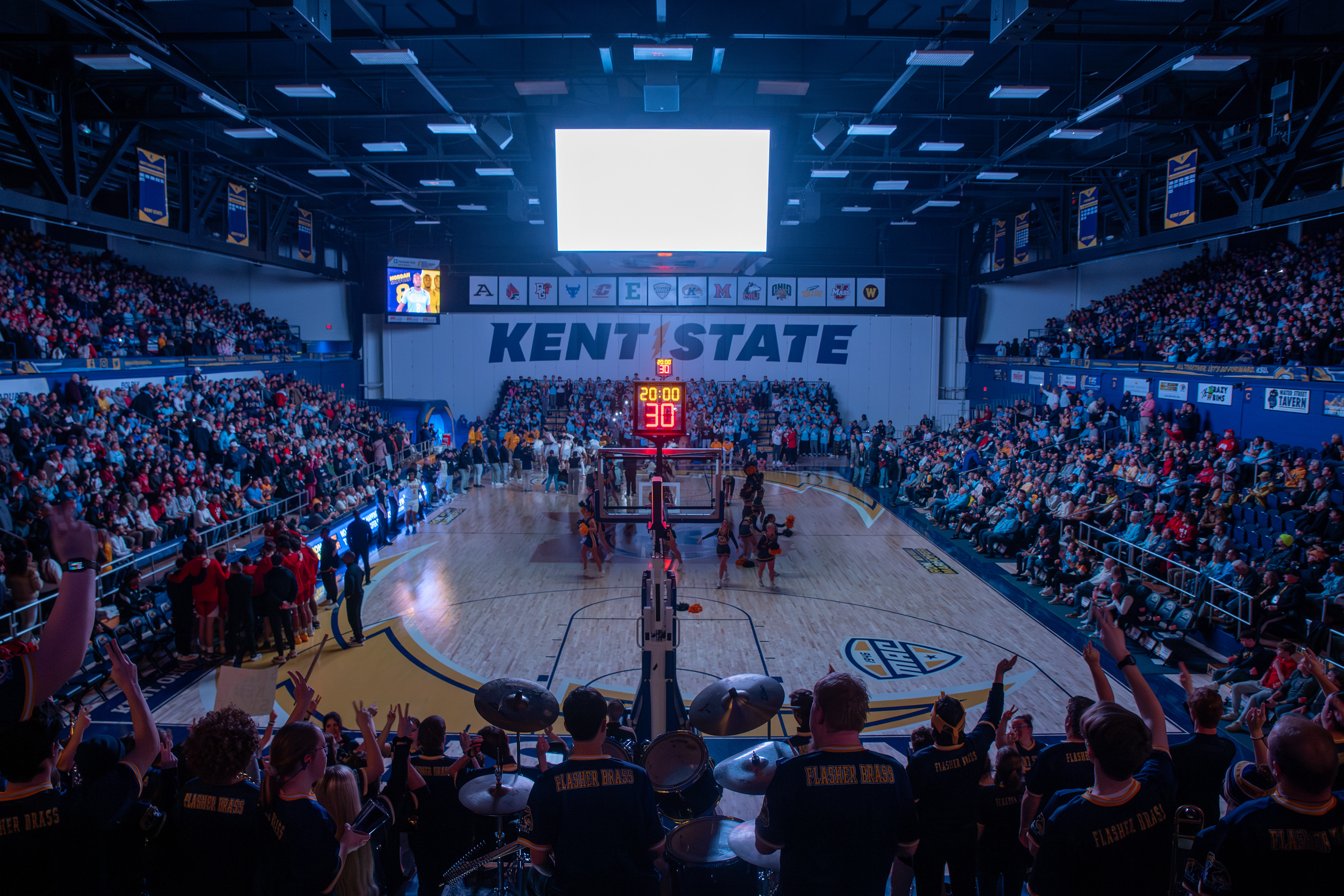 The Flasher Brass fires up a sold-out MAC Arena as Kent State tips off against Miami (OH) — a venue transformed for the biggest home game of the season.