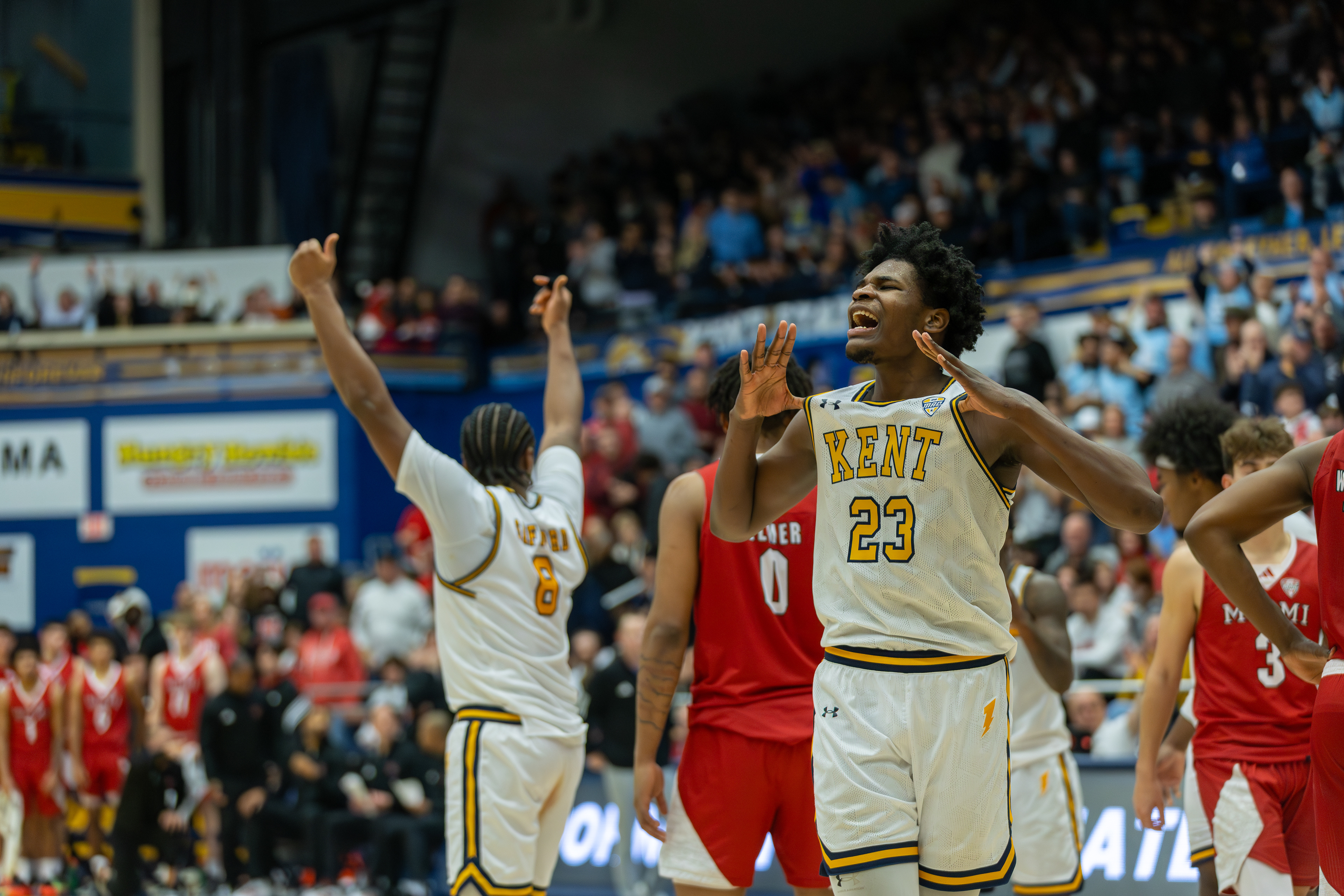 Delrecco Gillespie erupts in celebration as the Flashes pull away from Miami (OH) inside the Memorial Athletic and Convocation Center.