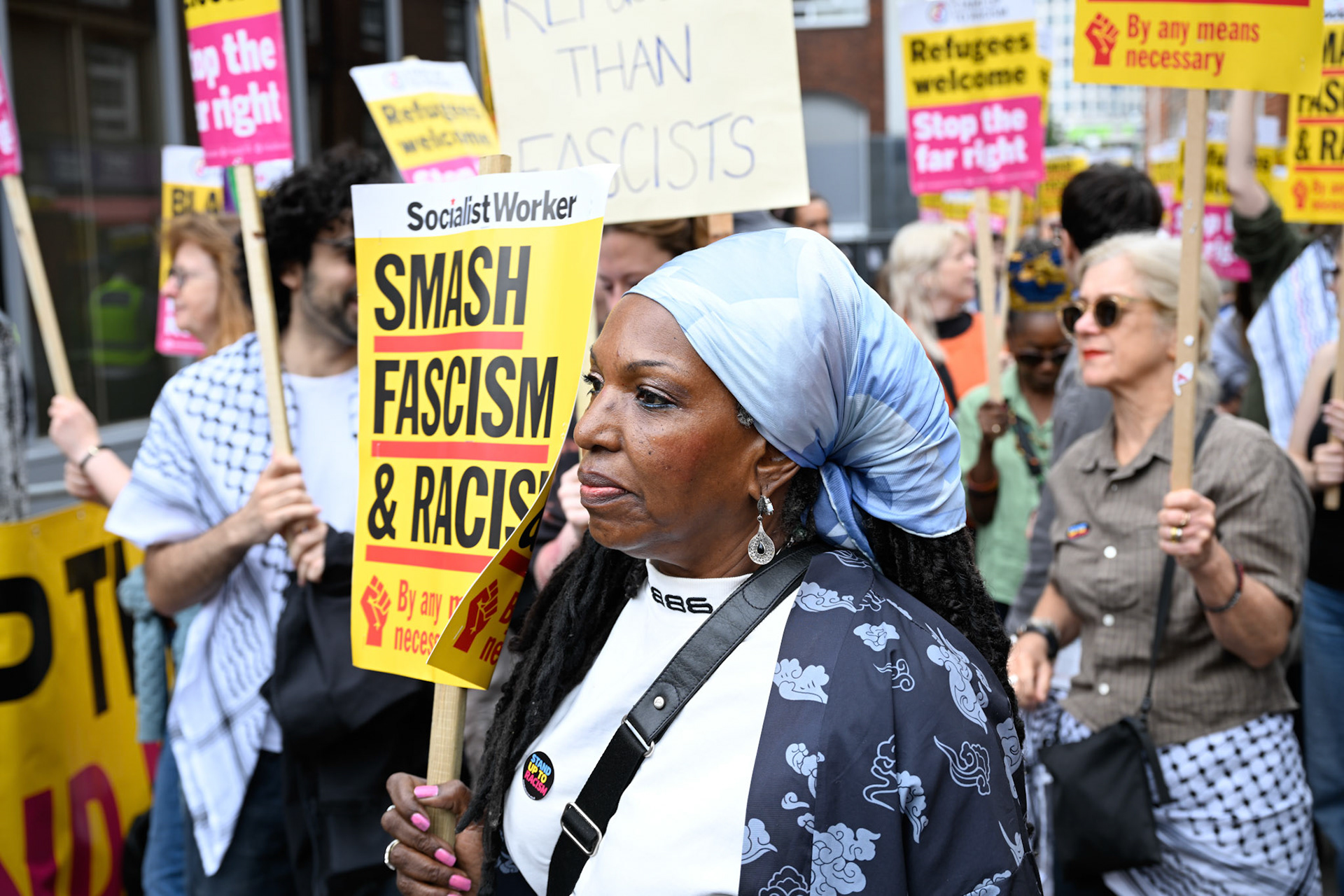 London, UK, 2nd August 2025, Protest outisde of the Thistle Hotel Barbican supporting migrant residents and challenging a counter protest