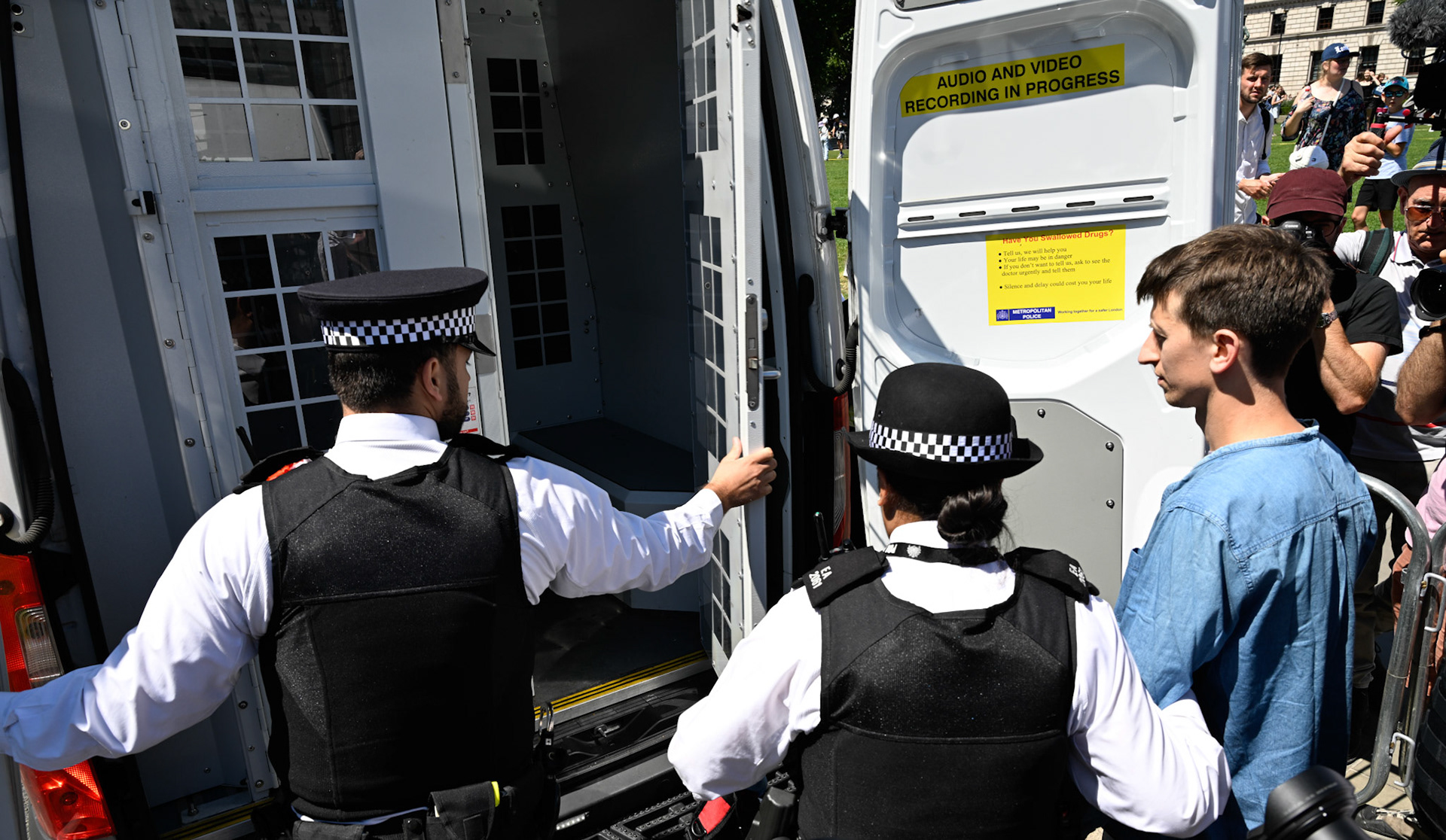 Palestine Action supporters protest at Parliament Square opposite The Houses of Parliament. The group were all arrested.