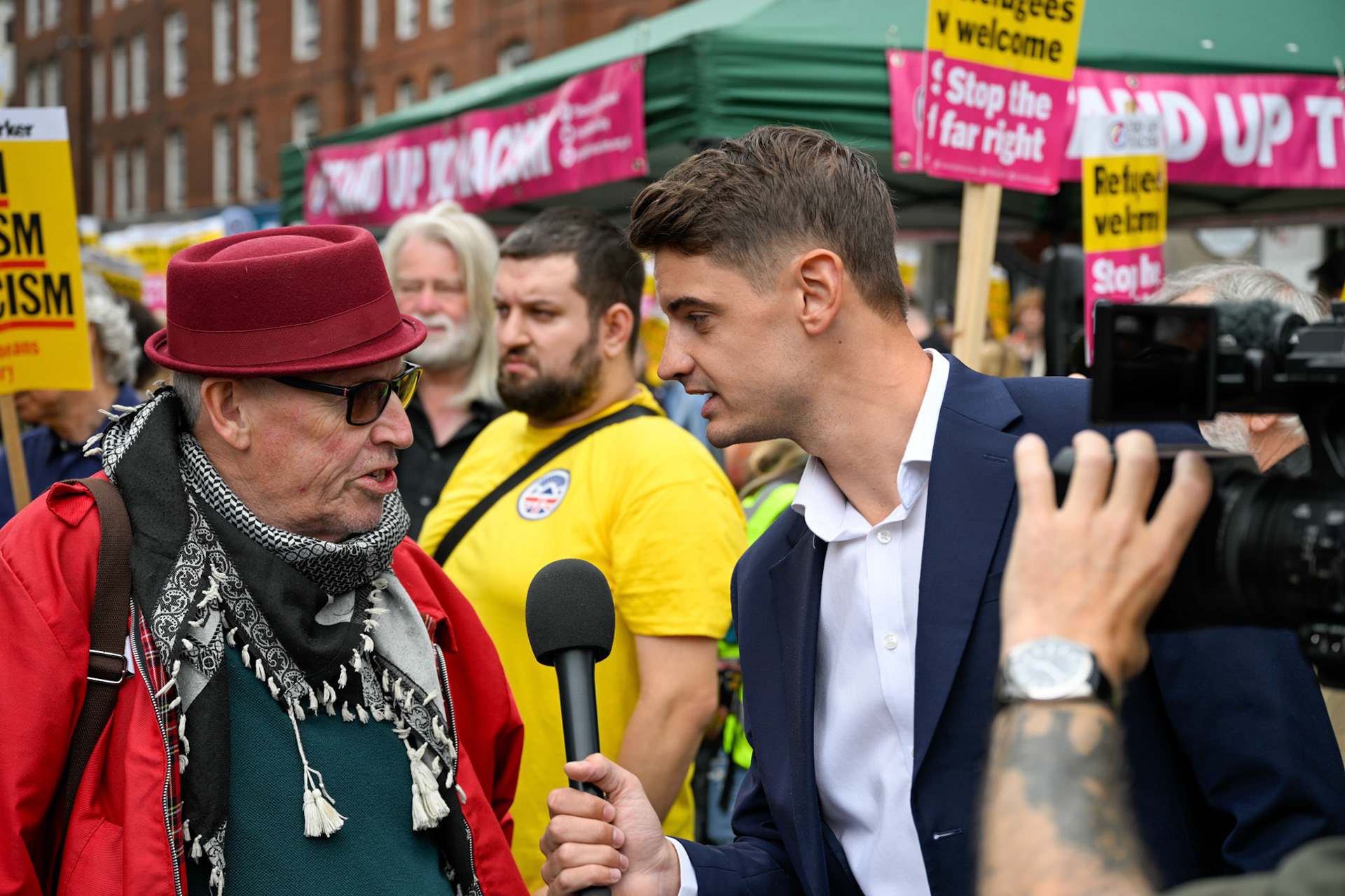London, UK, 2nd August 2025, Protest outisde of the Thistle Hotel Barbican supporting migrant residents and challenging a counter protest