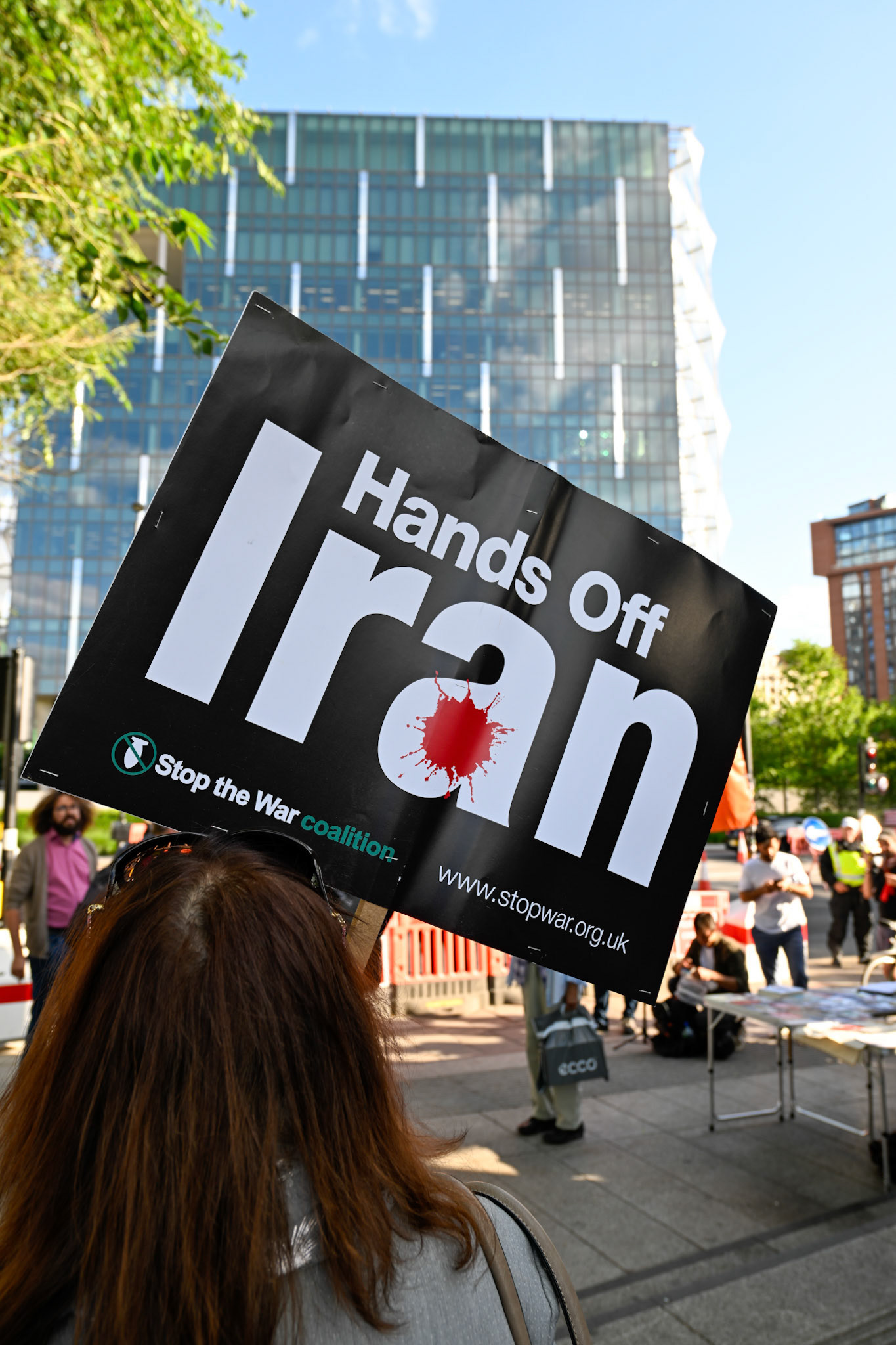Stop the War Coalition staged a demonstration opposite the US embassy decrying the bombing by the US of Iran
