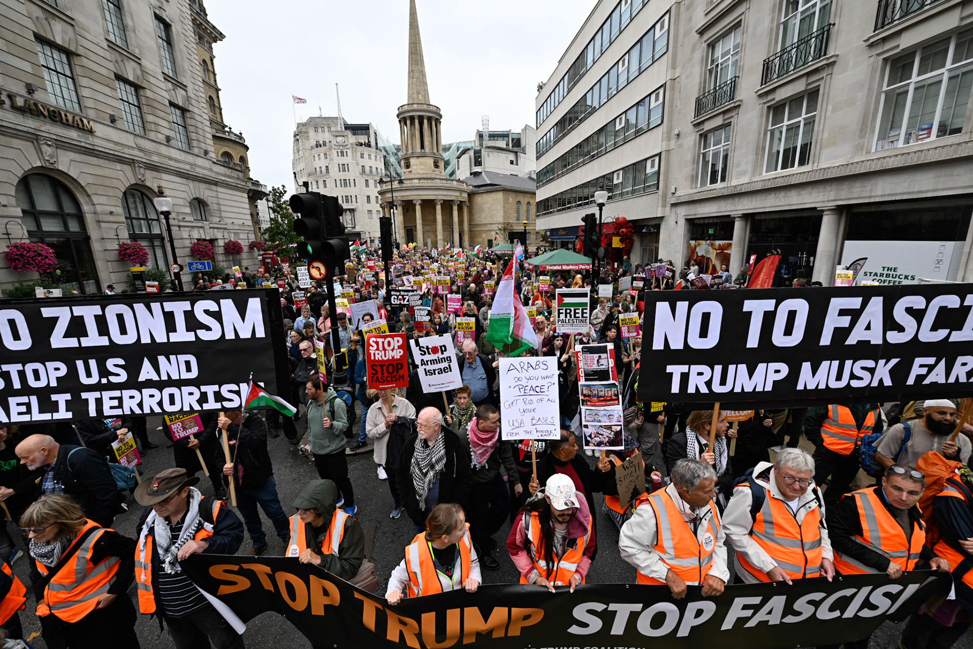 London, UK, 17th September 2025, A large protest by thousands of anti Trump supporters wound through central London towards Parliament, monkeybutlerimages / Alamy Live News