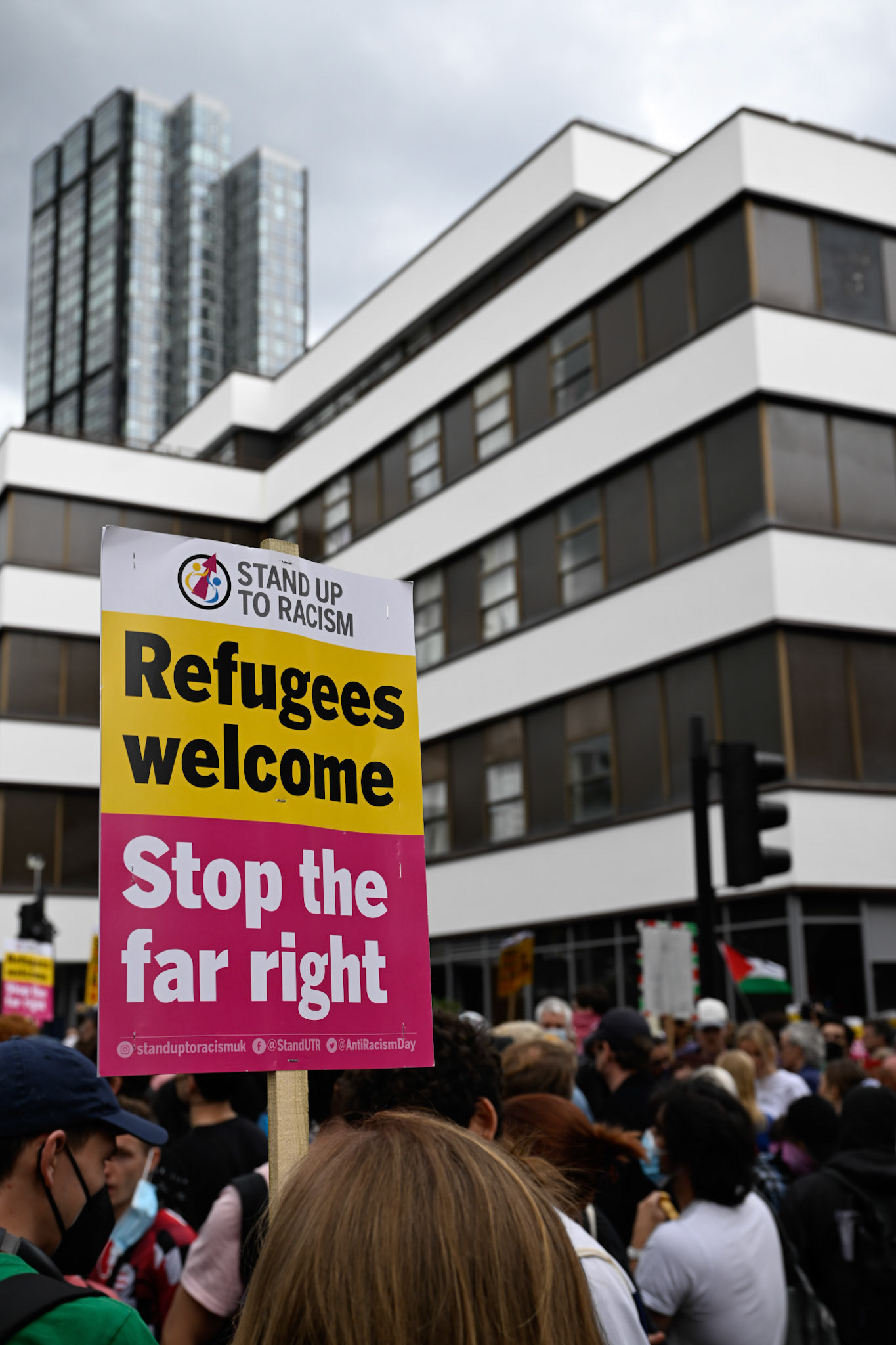 London, UK, 2nd August 2025, Protest outisde of the Thistle Hotel Barbican supporting migrant residents and challenging a counter protest