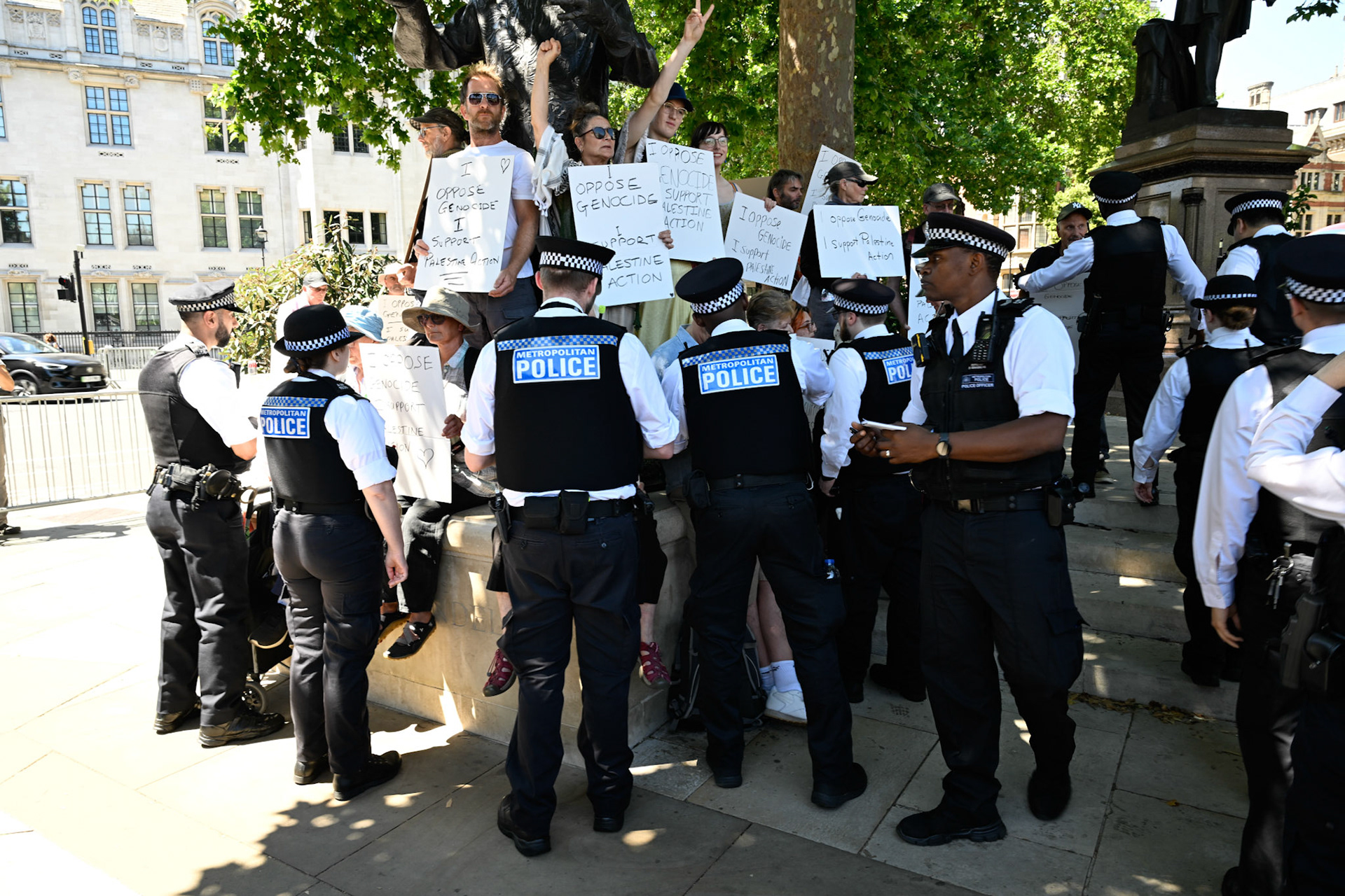Palestine Action supporters protest at Parliament Square opposite The Houses of Parliament. The group were all arrested.