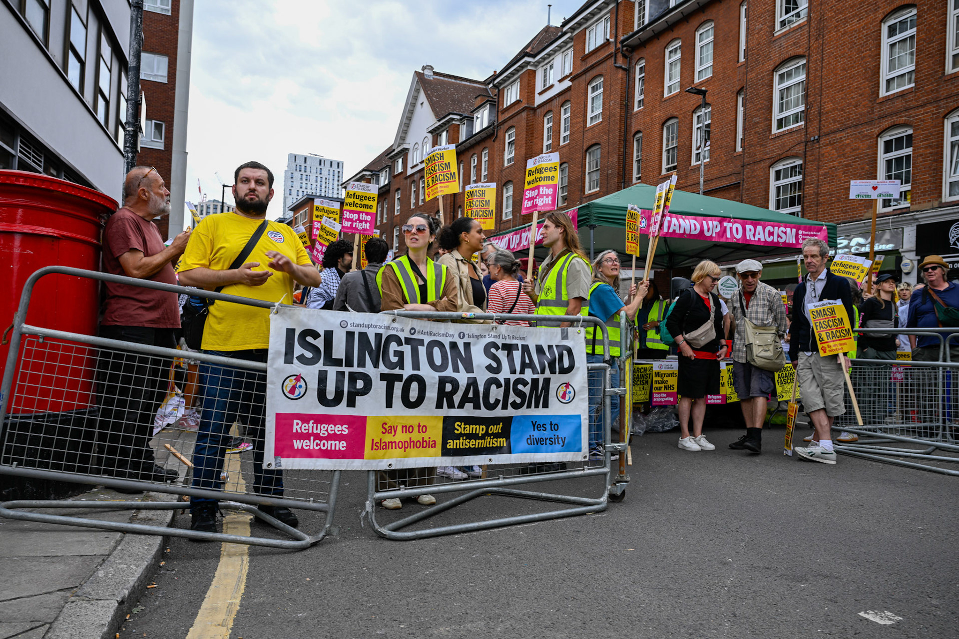London, UK, 2nd August 2025, Protest outisde of the Thistle Hotel Barbican supporting migrant residents and challenging a counter protest
