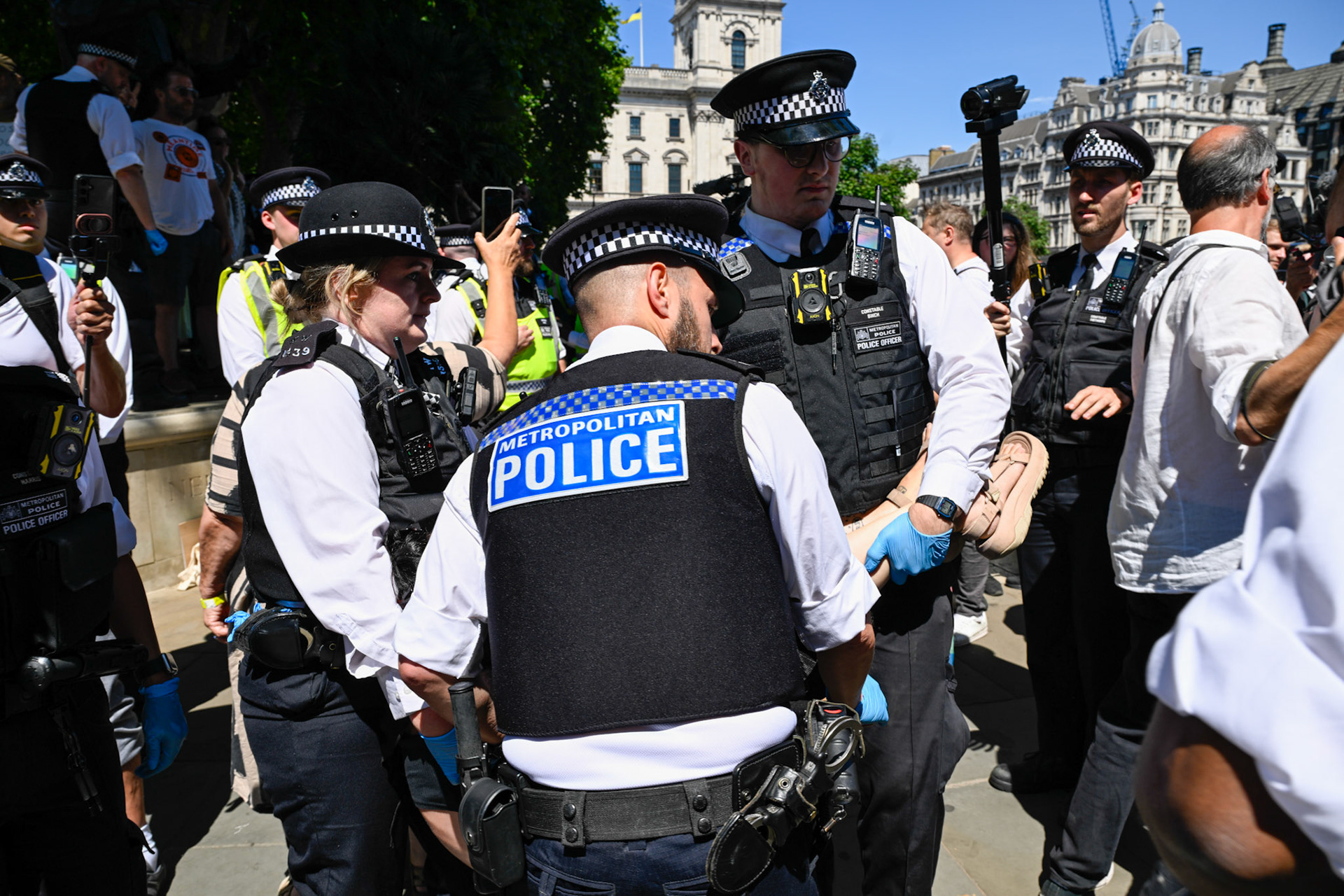 Palestine Action supporters protest at Parliament Square opposite The Houses of Parliament. The group were all arrested.