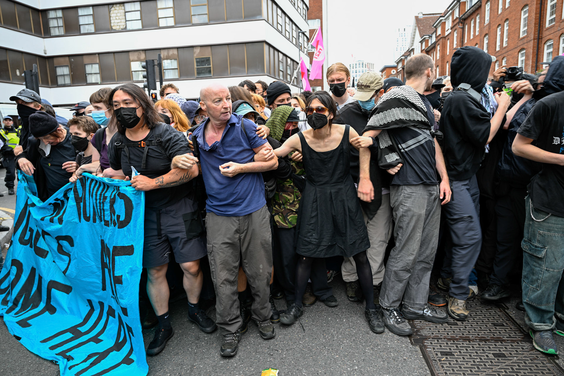 London, UK, 2nd August 2025, Protest outisde of the Thistle Hotel Barbican supporting migrant residents and challenging a counter protest