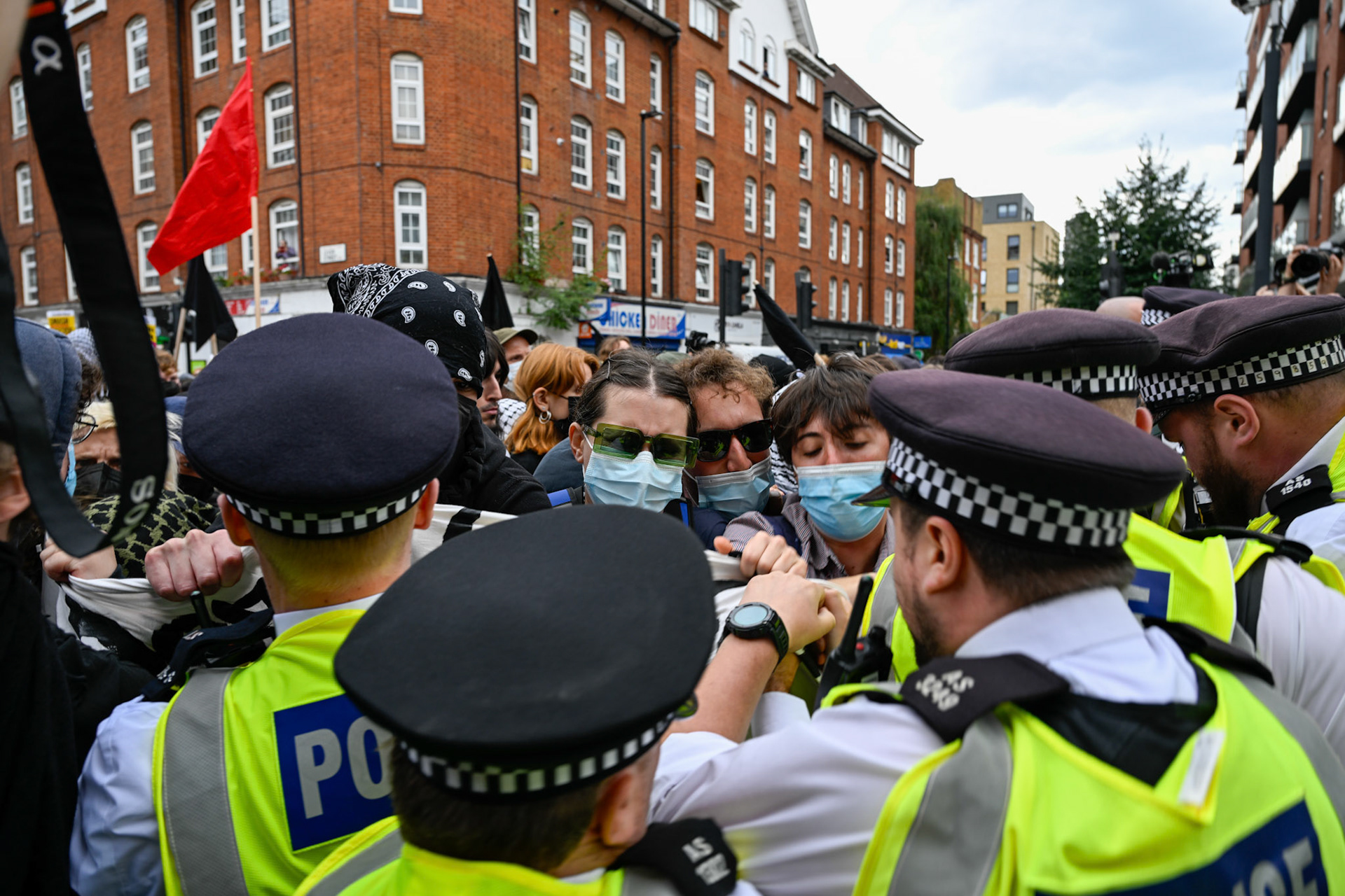 London, UK, 2nd August 2025, Protest outisde of the Thistle Hotel Barbican supporting migrant residents and challenging a counter protest