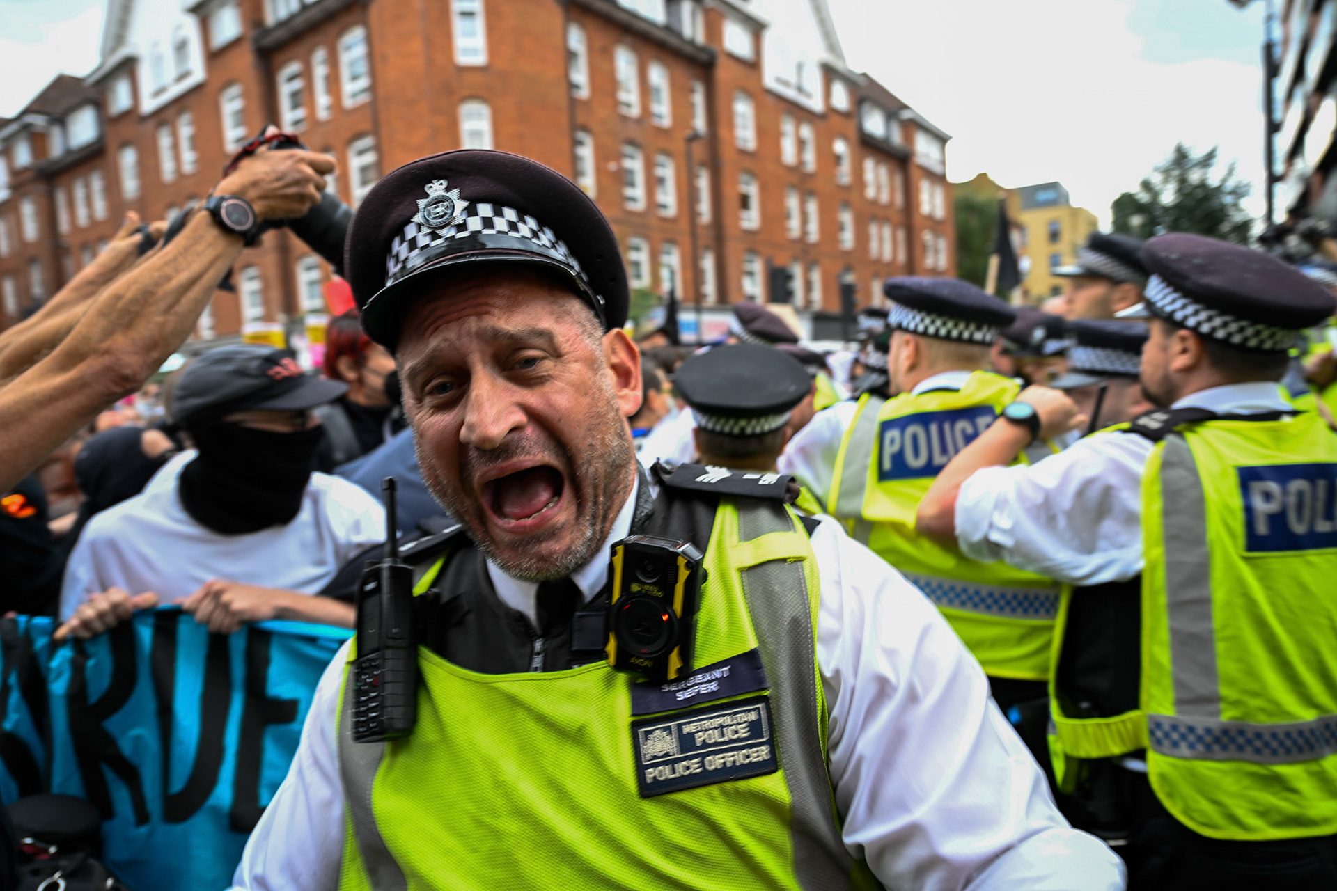 London, UK, 2nd August 2025, Protest outisde of the Thistle Hotel Barbican supporting migrant residents and challenging a counter protest