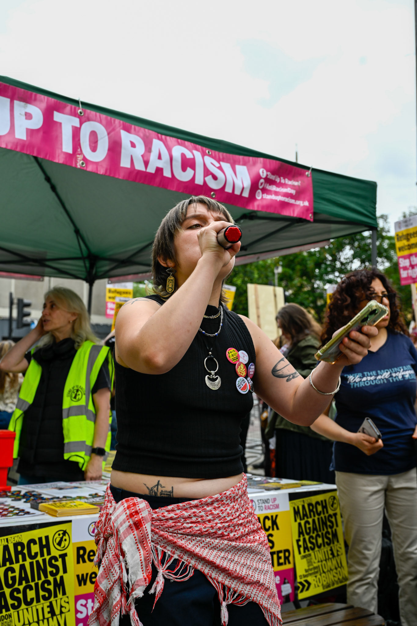 London, UK, 2nd August 2025, Protest outisde of the Thistle Hotel Barbican supporting migrant residents and challenging a counter protest