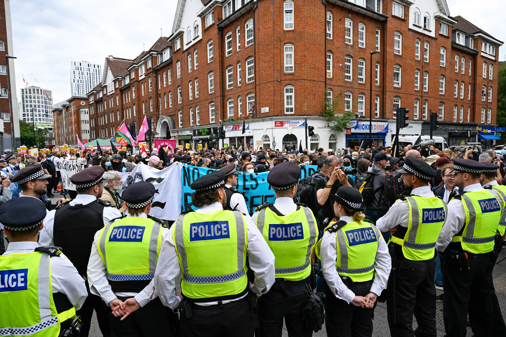 London, UK, 2nd August 2025, Protest outisde of the Thistle Hotel Barbican supporting migrant residents and challenging a counter protest