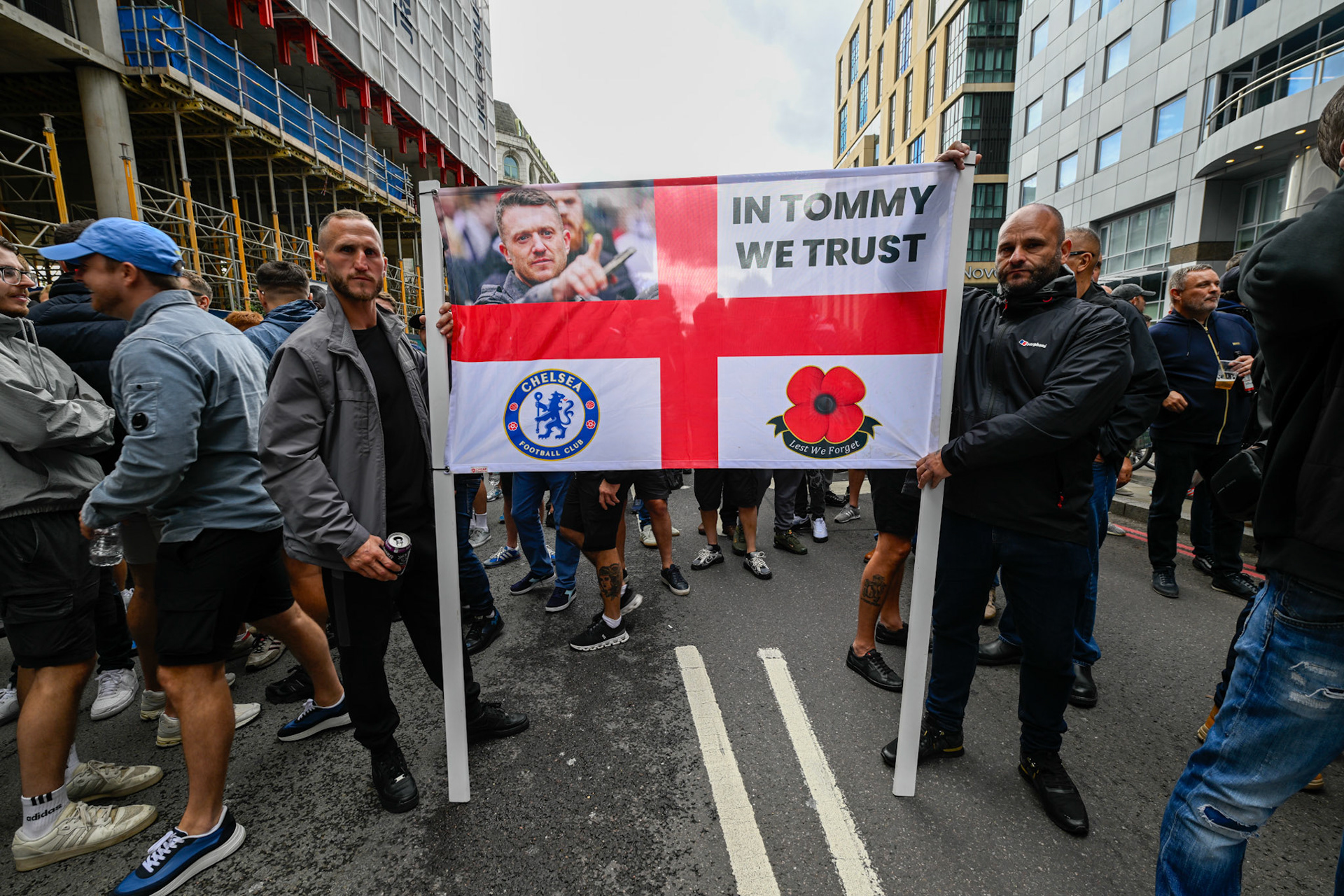 London, UK, 13th September: Approximately 100,000 supporters of Tommy Robinson march through central London,  monkeybutlerimages/alamy live news