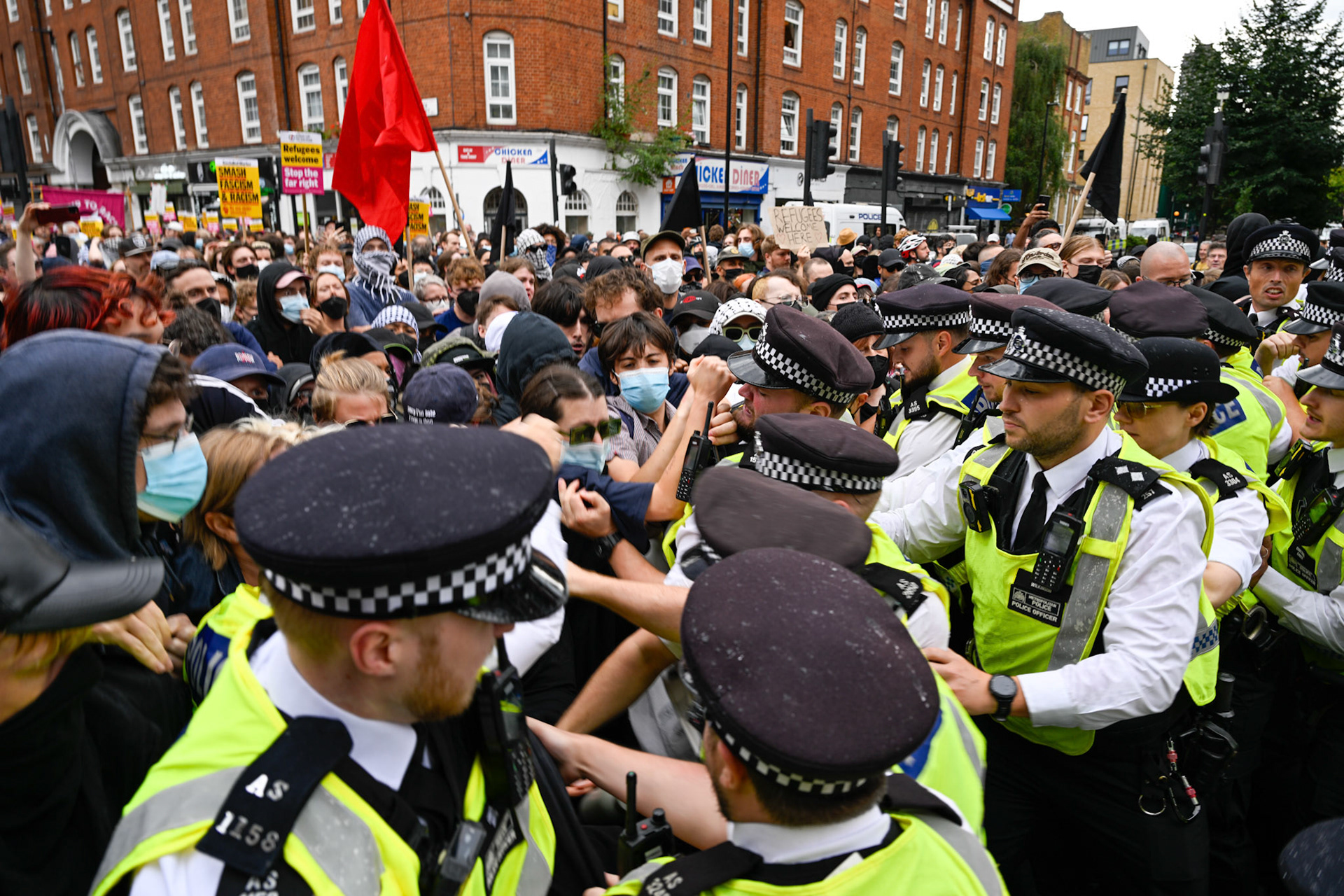 London, UK, 2nd August 2025, Protest outisde of the Thistle Hotel Barbican supporting migrant residents and challenging a counter protest