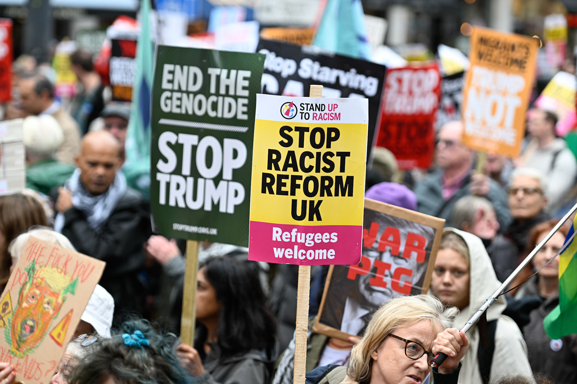 London, UK, 17th September 2025, A large protest by thousands of anti Trump supporters wound through central London towards Parliament, monkeybutlerimages / Alamy Live News
