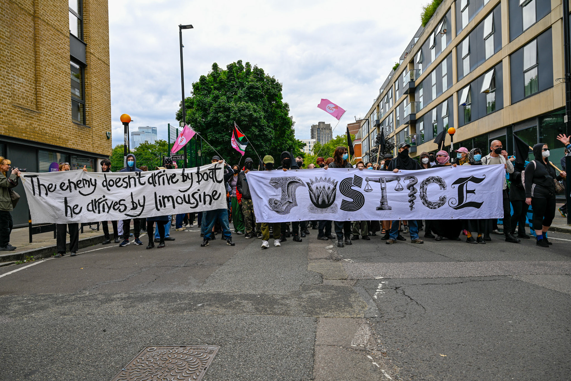 London, UK, 2nd August 2025, Protest outisde of the Thistle Hotel Barbican supporting migrant residents and challenging a counter protest