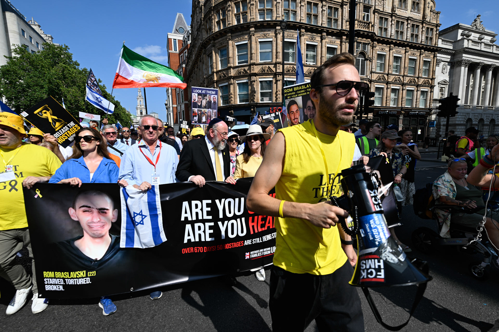 London, UK, 10th August 2025: March by pro Israeli supporters demanding the release of hostages held in Gaza by Hamas, Monkey Butler Images / Alamy Live News