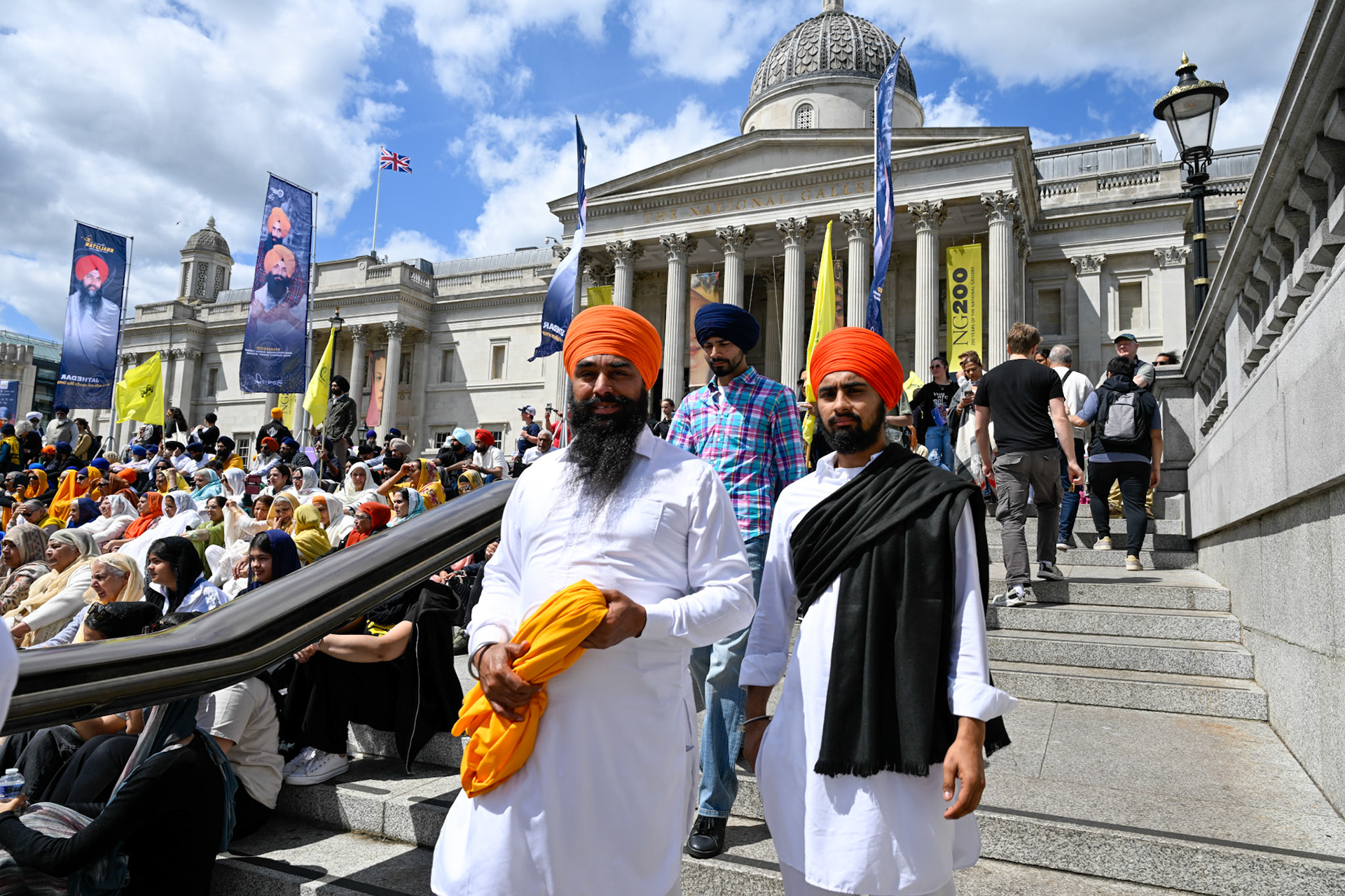 London, UK, 1st June 2025, A group of seek men enter Trafalgar Square where they will join thousands of others marking the anniversary of the 1984 Amritsar Massacre, monkeybutlerimages/alamy live news