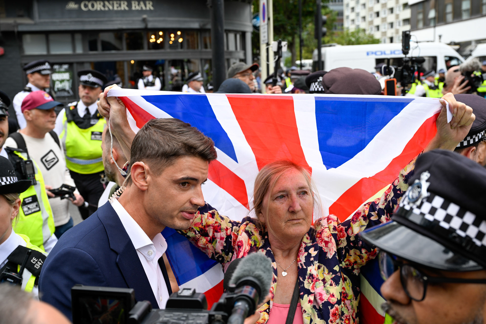 London, UK, 2nd August 2025, Protest outisde of the Thistle Hotel Barbican supporting migrant residents and challenging a counter protest